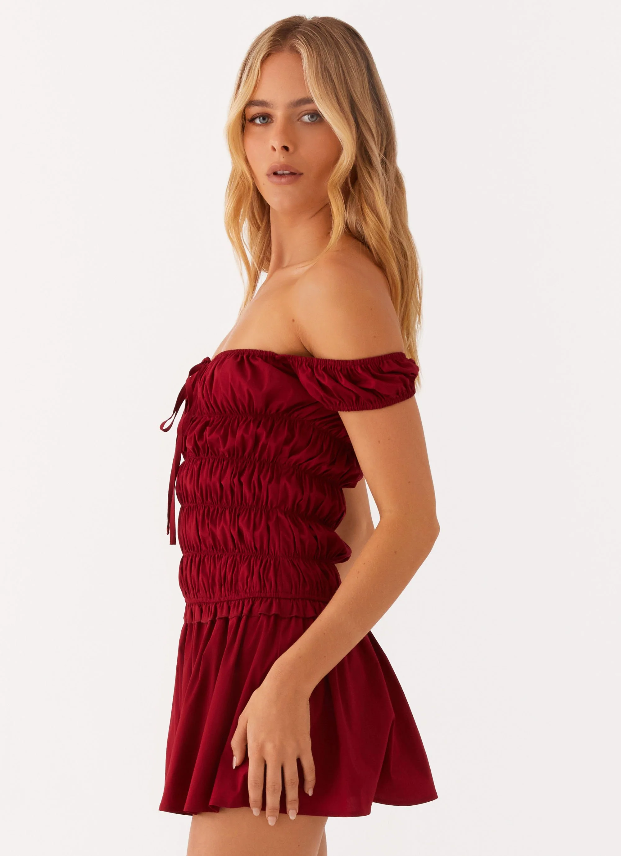 Countryside Off Shoulder Mini Dress - Deep Red - Image 4