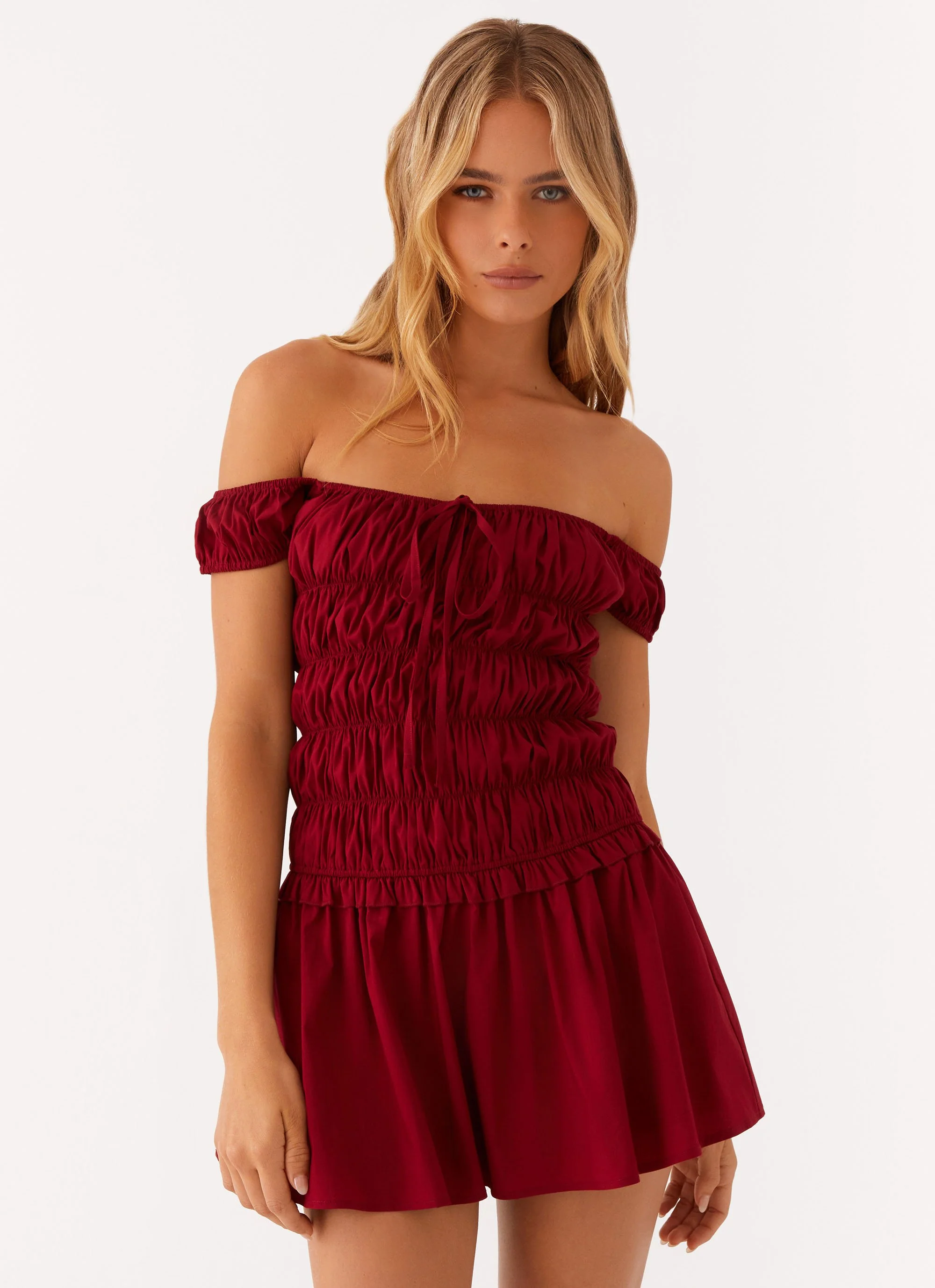 Countryside Off Shoulder Mini Dress - Deep Red - Image 6
