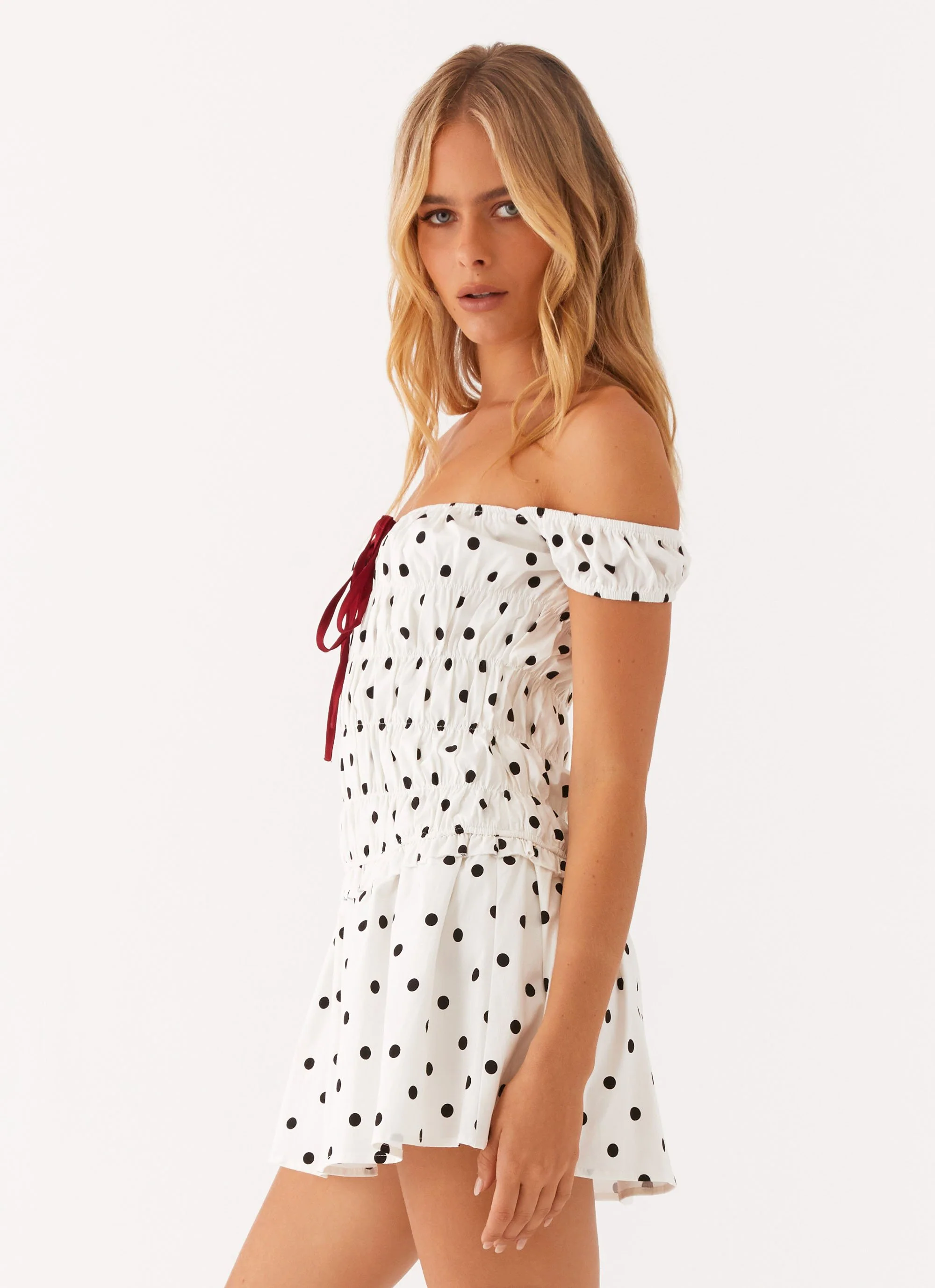 Countryside Off Shoulder Mini Dress - White Polkadot - Image 4