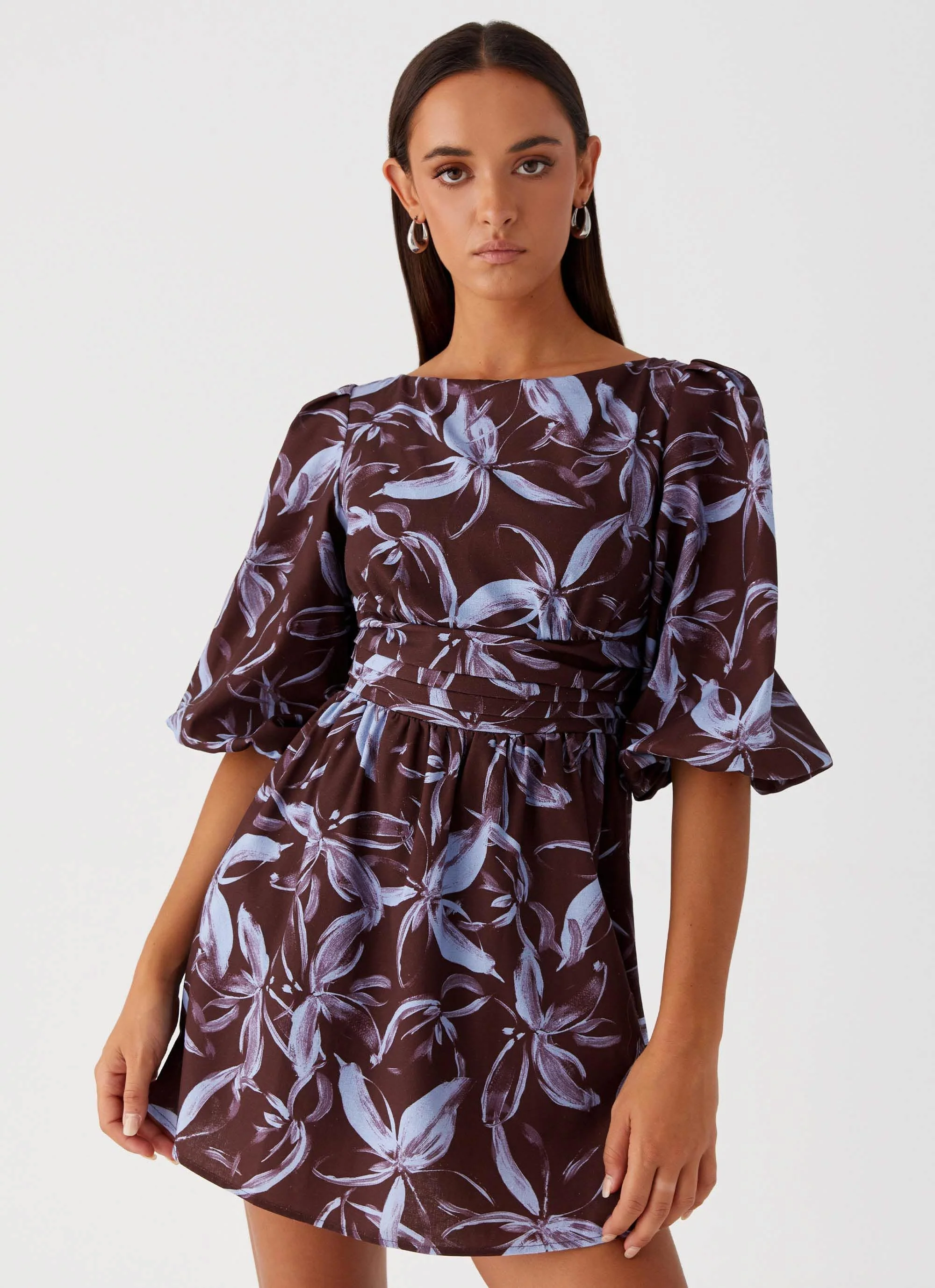 Crystal Dreams Mini Dress - Brown Purple Floral - Image 6