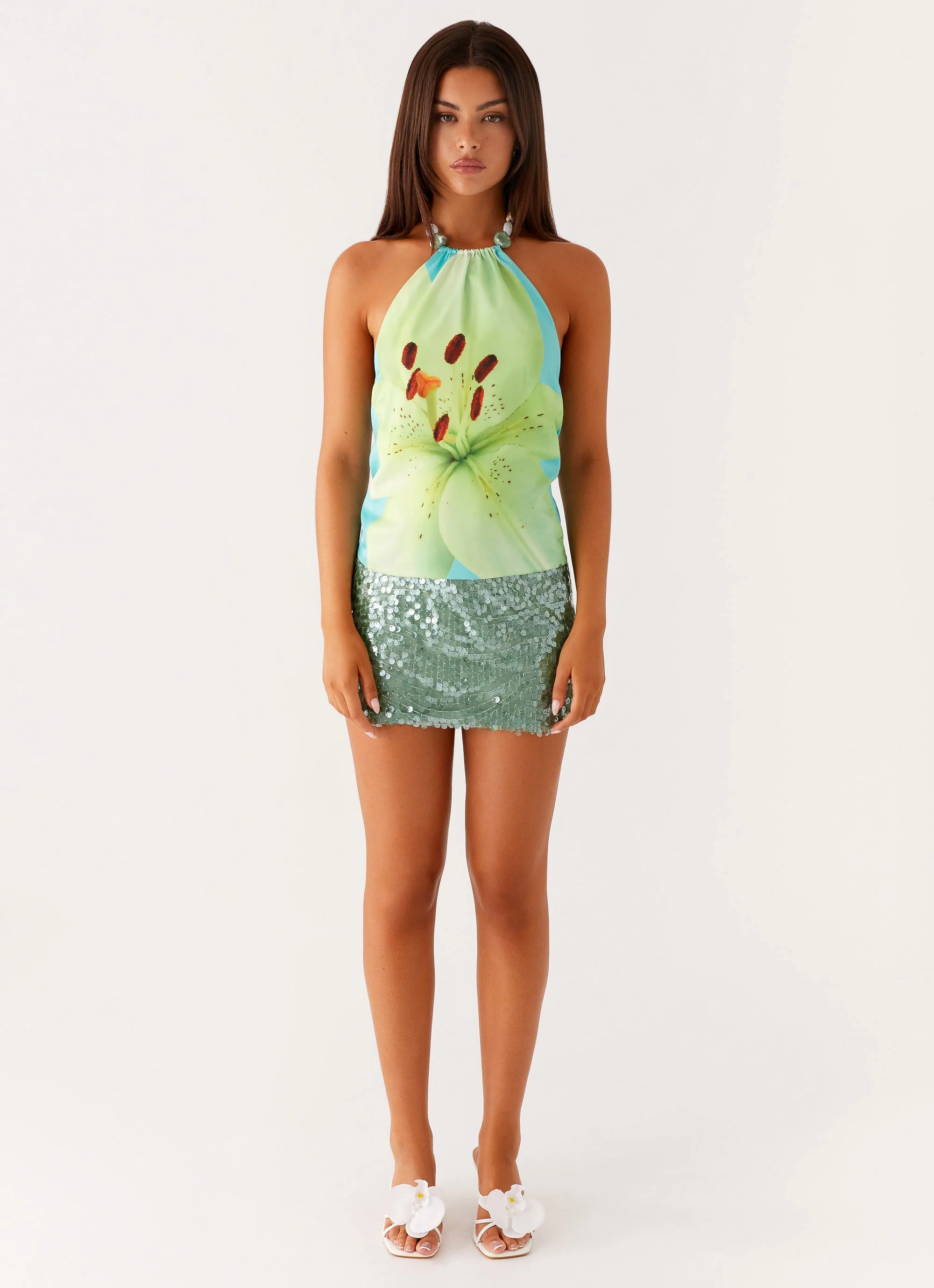 Dalila Beaded Tie Back Top - Turquoise Floral - Image 2