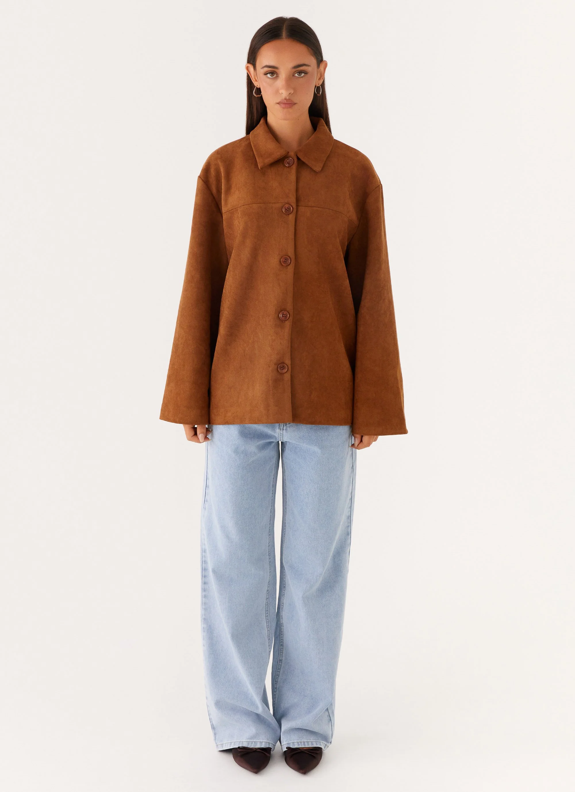 Devika Faux Suede Boxy Jacket - Brown - Image 3