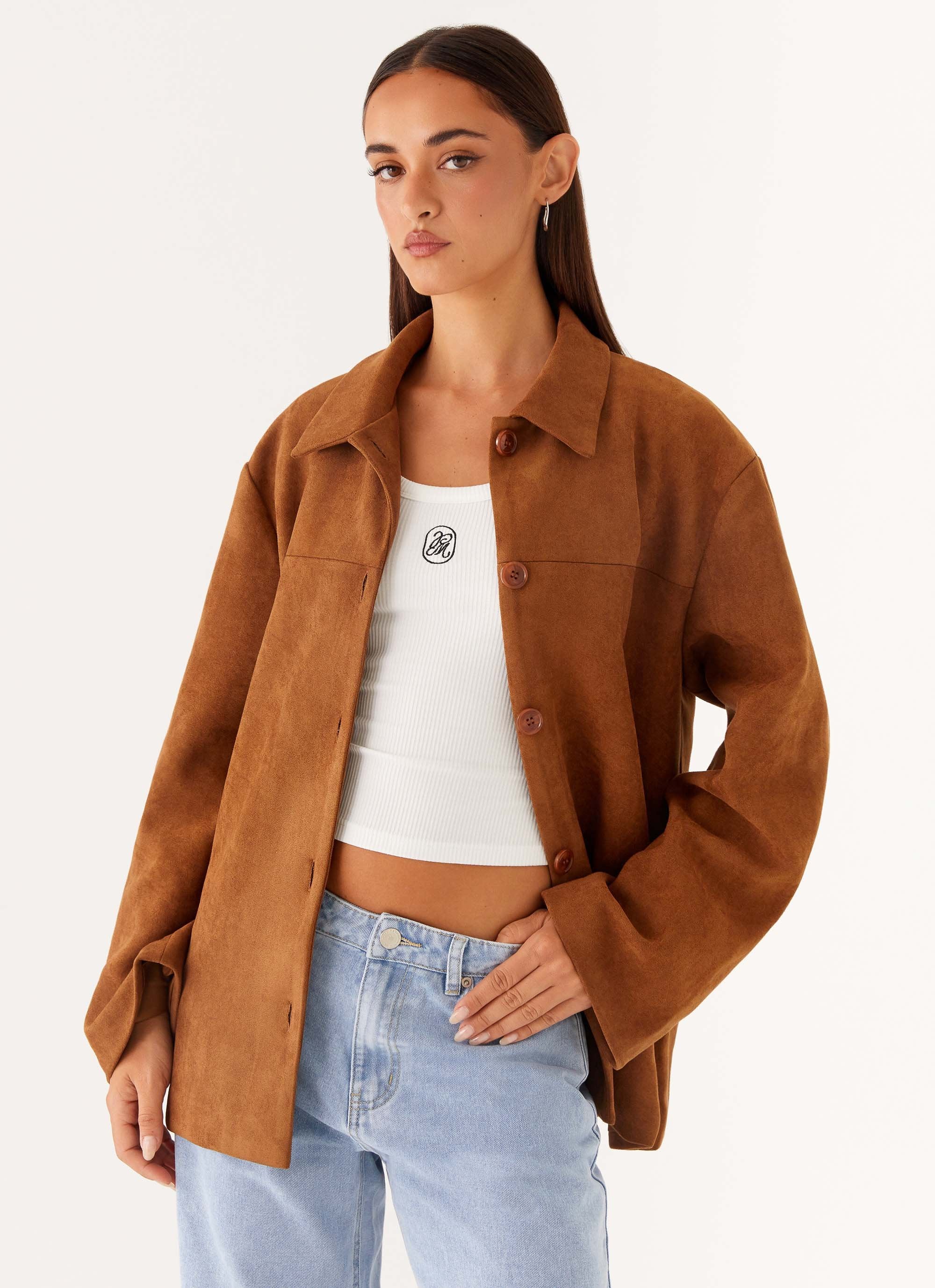 Devika Faux Suede Boxy Jacket - Brown - Image 7