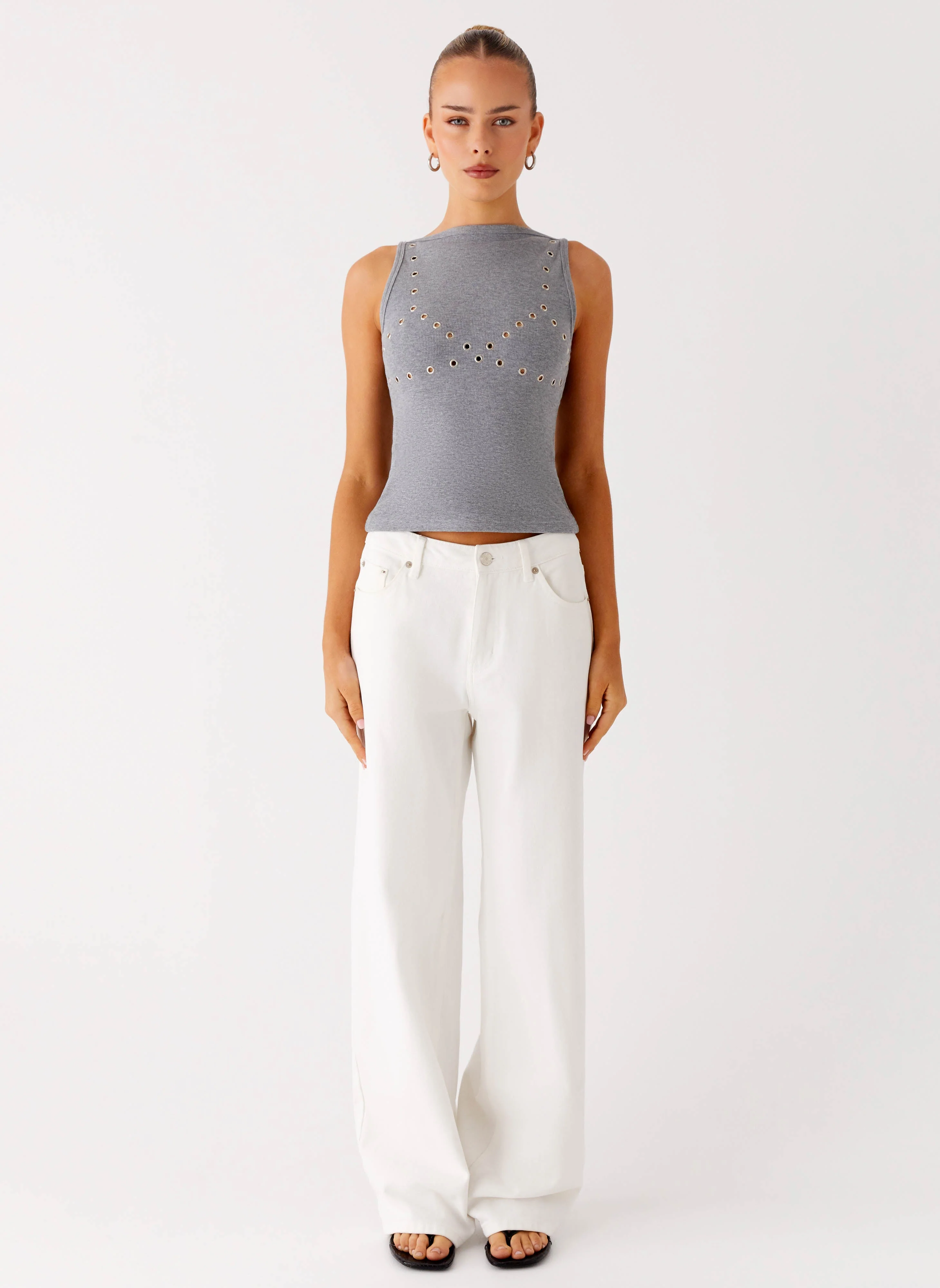Drop Top Ribbed Eyelet Tank Top - Marle Grey - Image 2