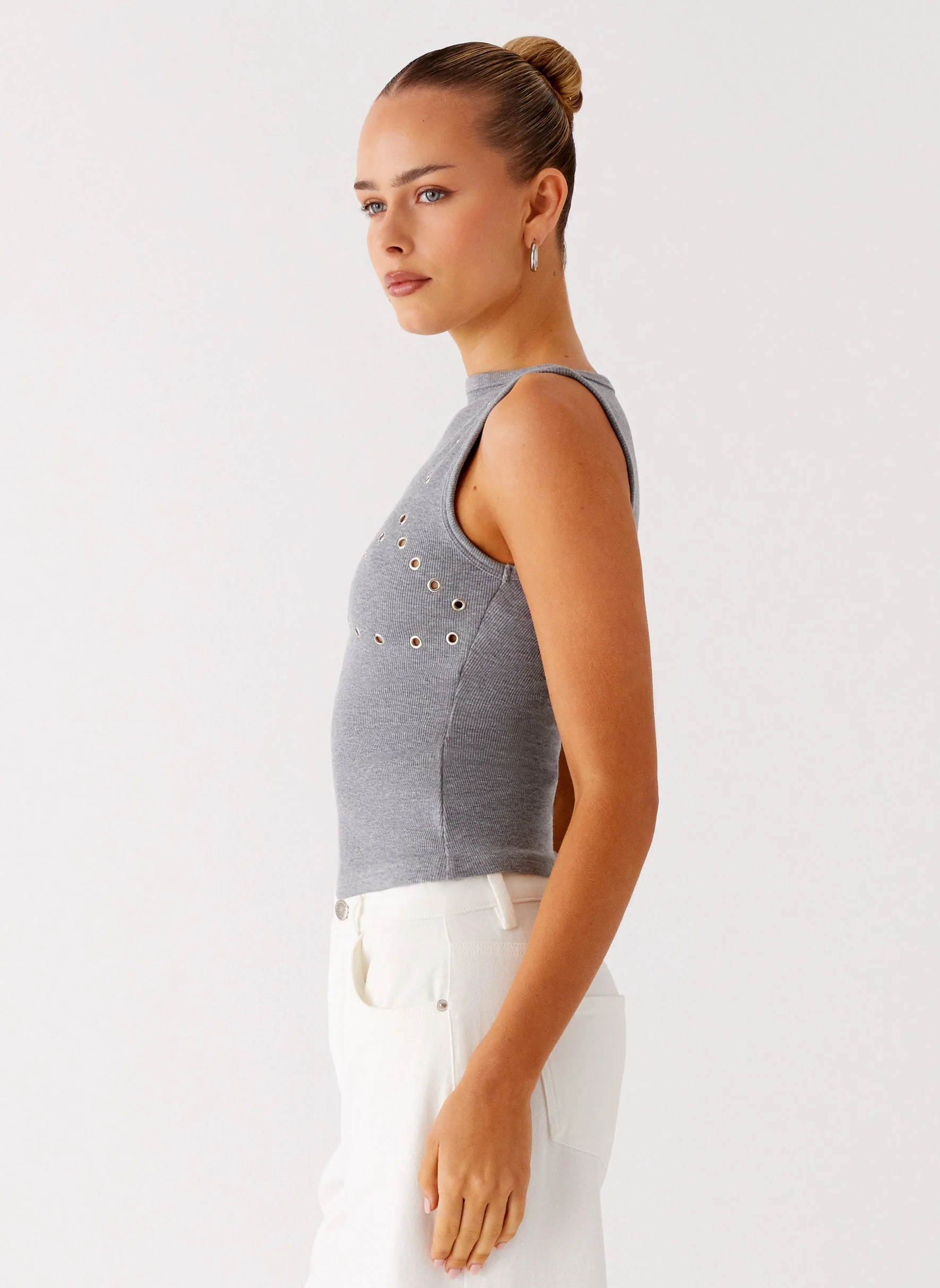 Drop Top Ribbed Eyelet Tank Top - Marle Grey - Image 3