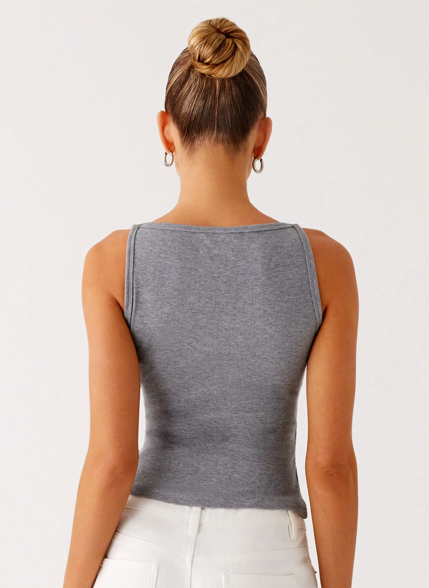 Drop Top Ribbed Eyelet Tank Top - Marle Grey - Image 4