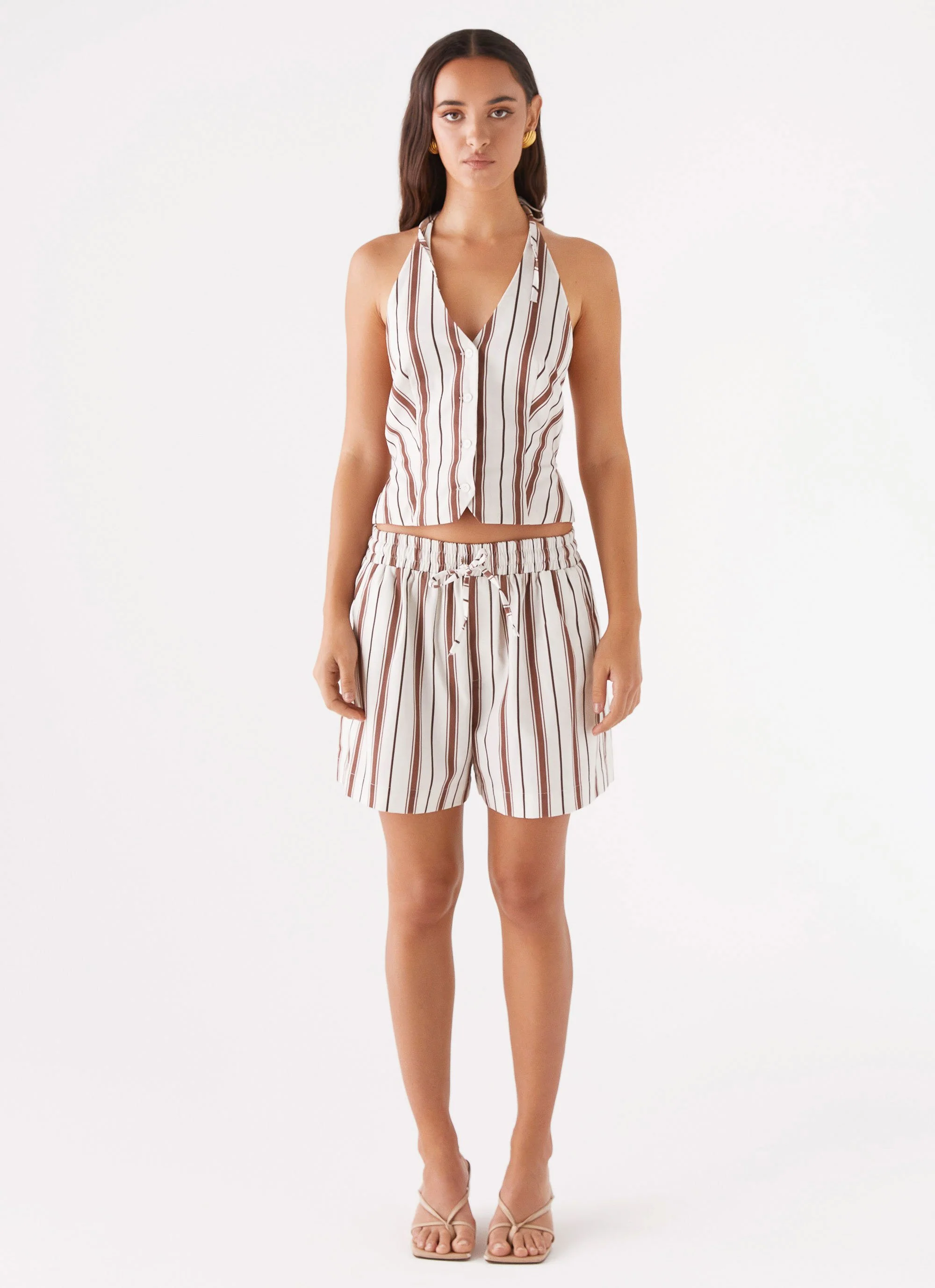 Ellie Linen Halterneck Vest Top - Brown Stripe - Image 3