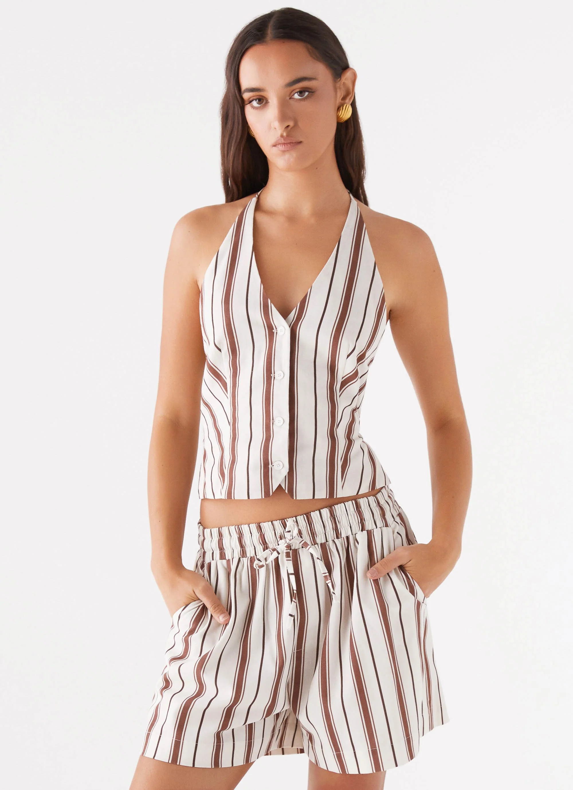 Ellie Linen Halterneck Vest Top - Brown Stripe - Image 6
