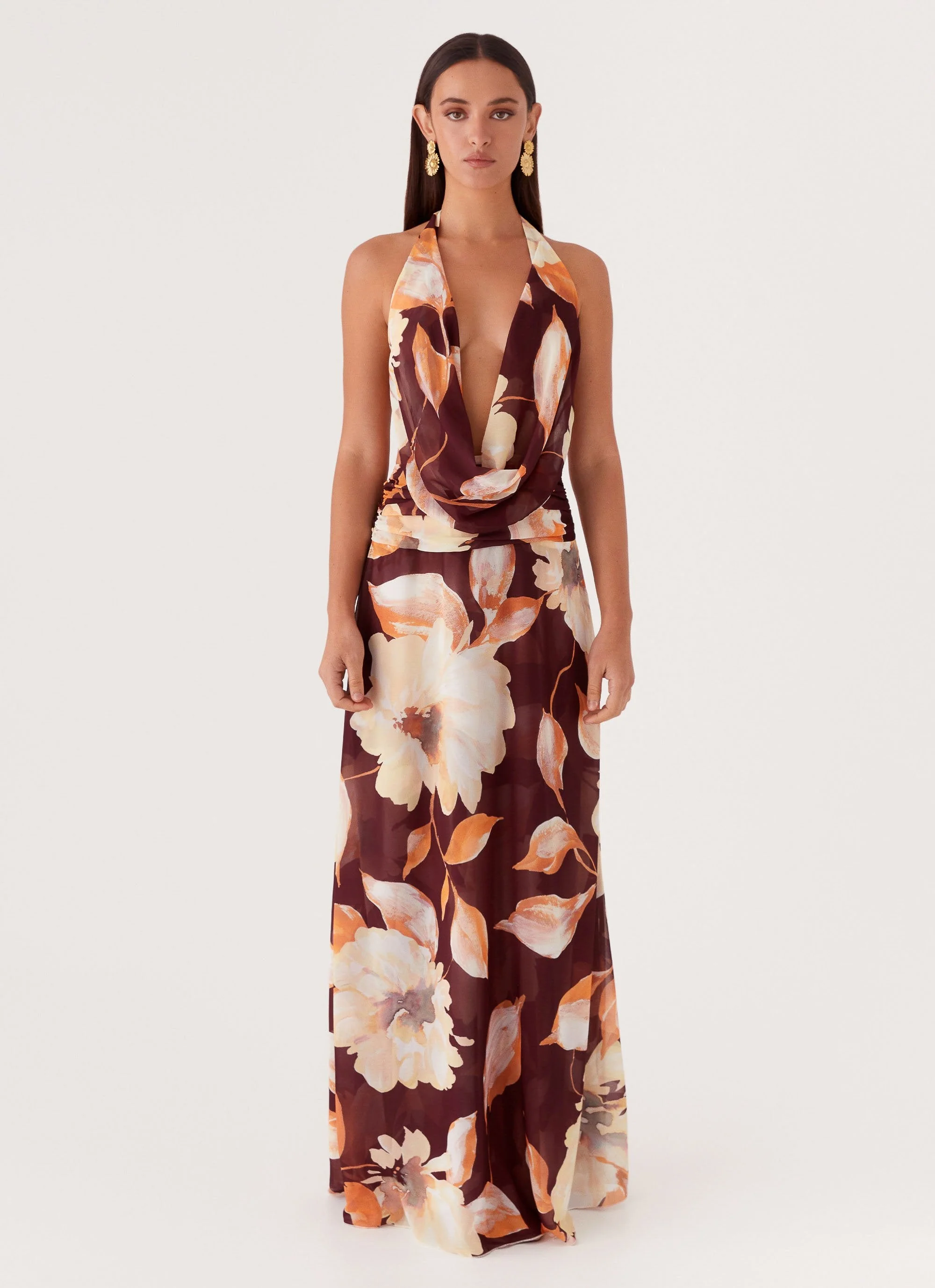 Elysia Chiffon Maxi Dress - Brown Floral - Image 3