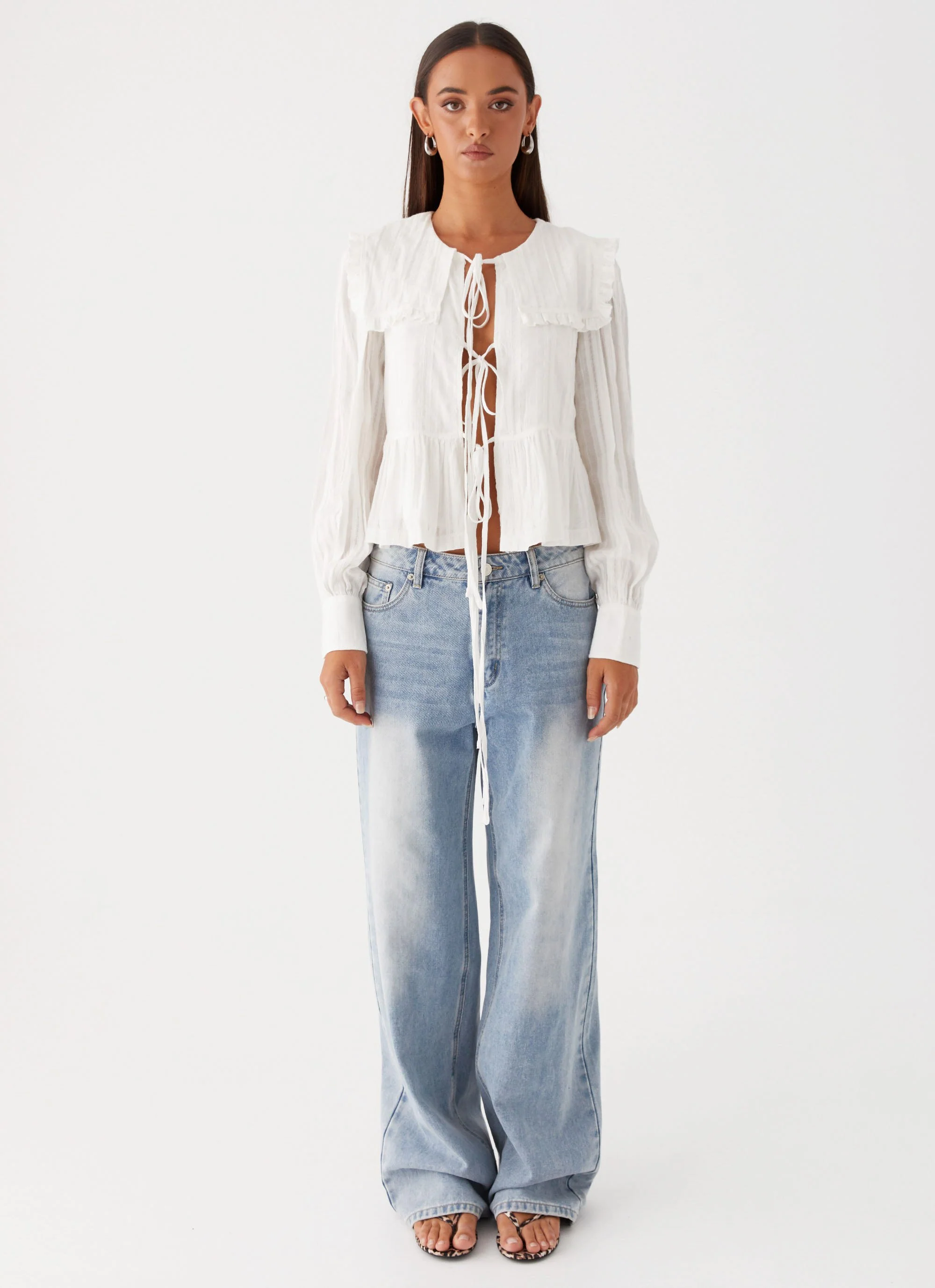Emerson Tie Front Long Sleeve Top - White - Image 2