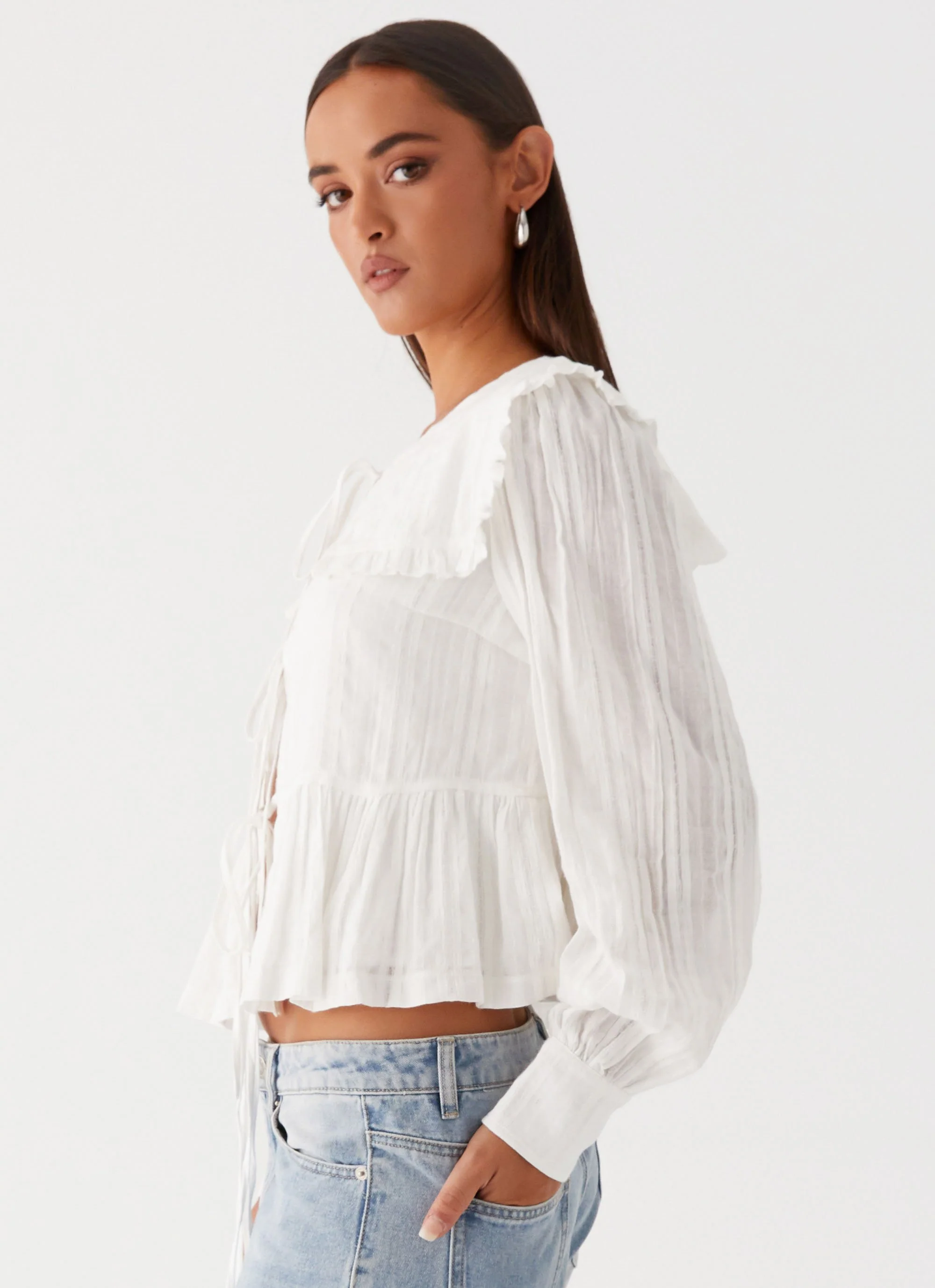 Emerson Tie Front Long Sleeve Top - White - Image 3