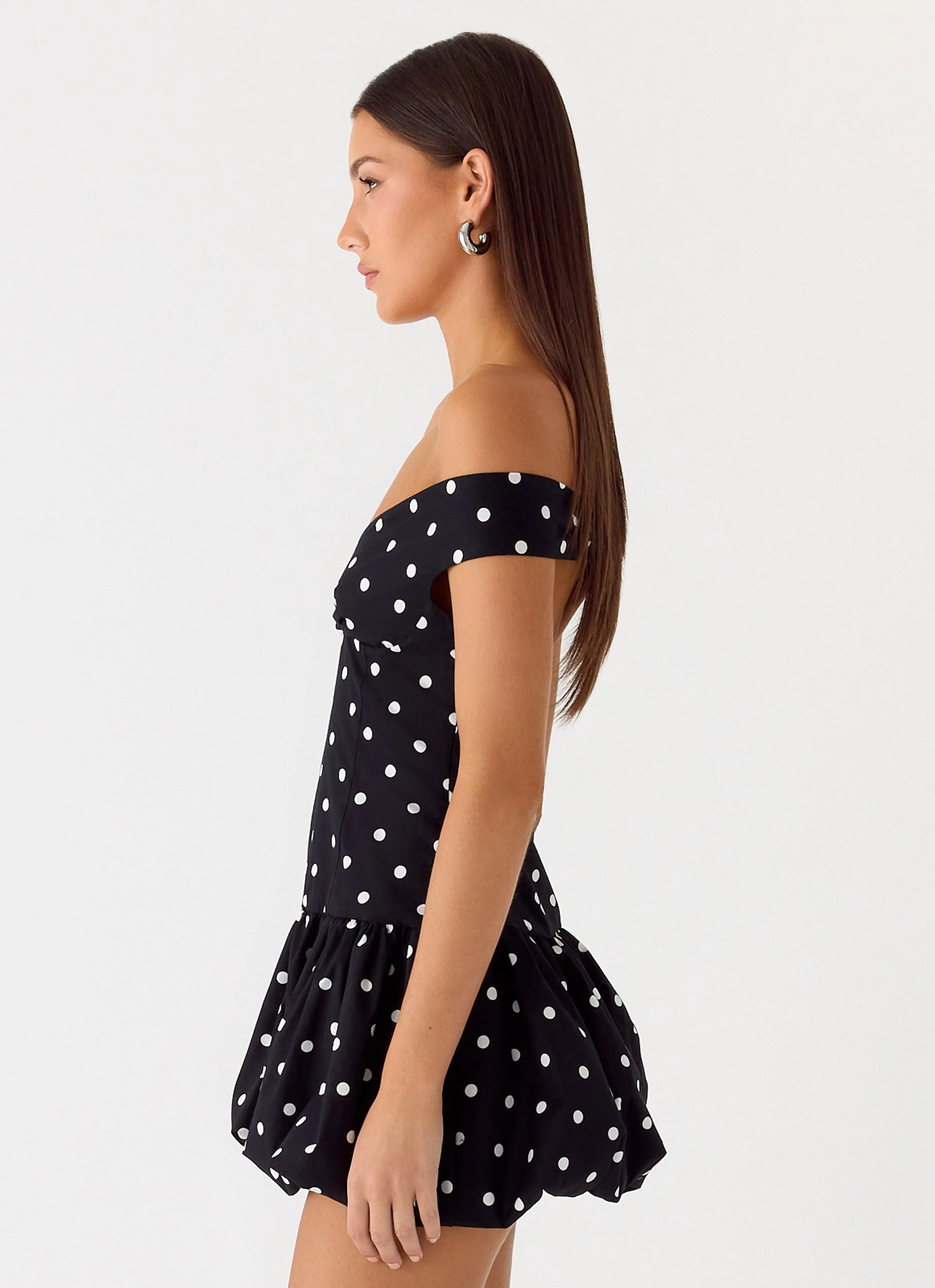 Endless Romance Off Shoulder Mini Dress - Black Polkadot - Image 2