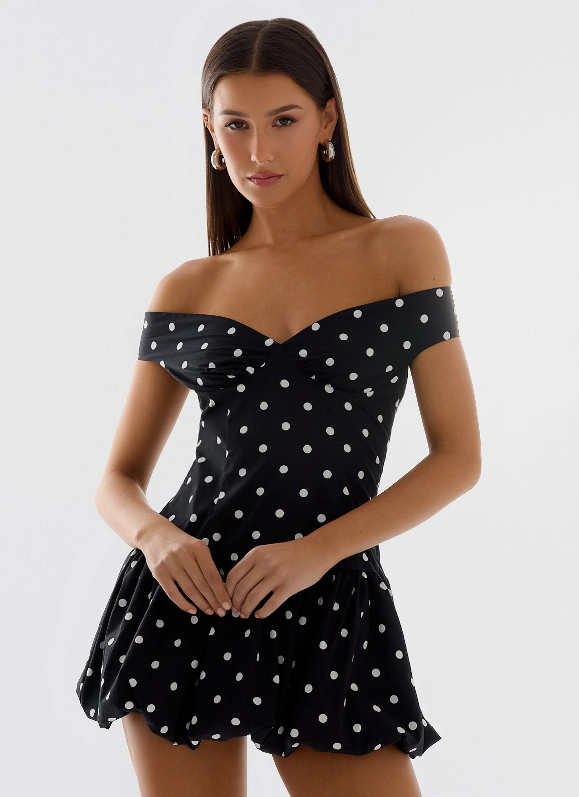 Endless Romance Off Shoulder Mini Dress - Black Polkadot - Image 5