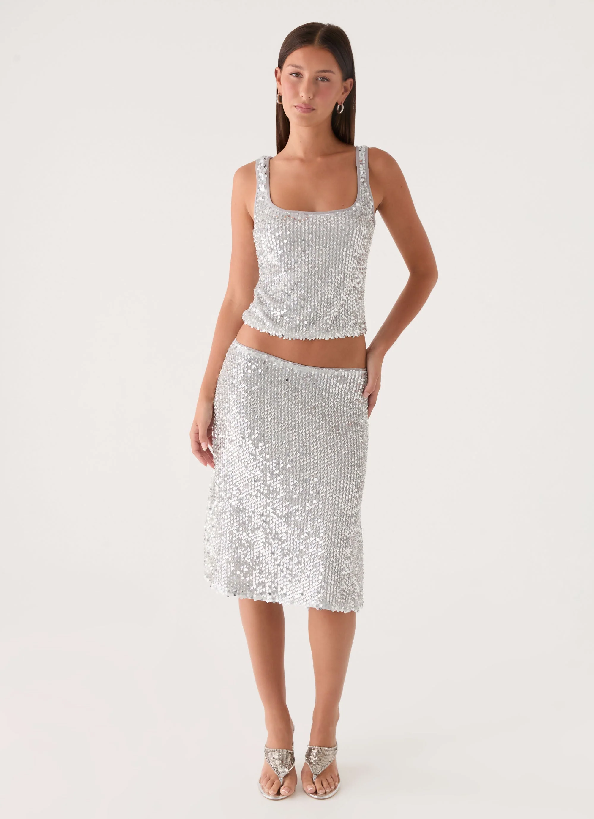 Evodia Sequin Midi Skirt - Silver - Image 4