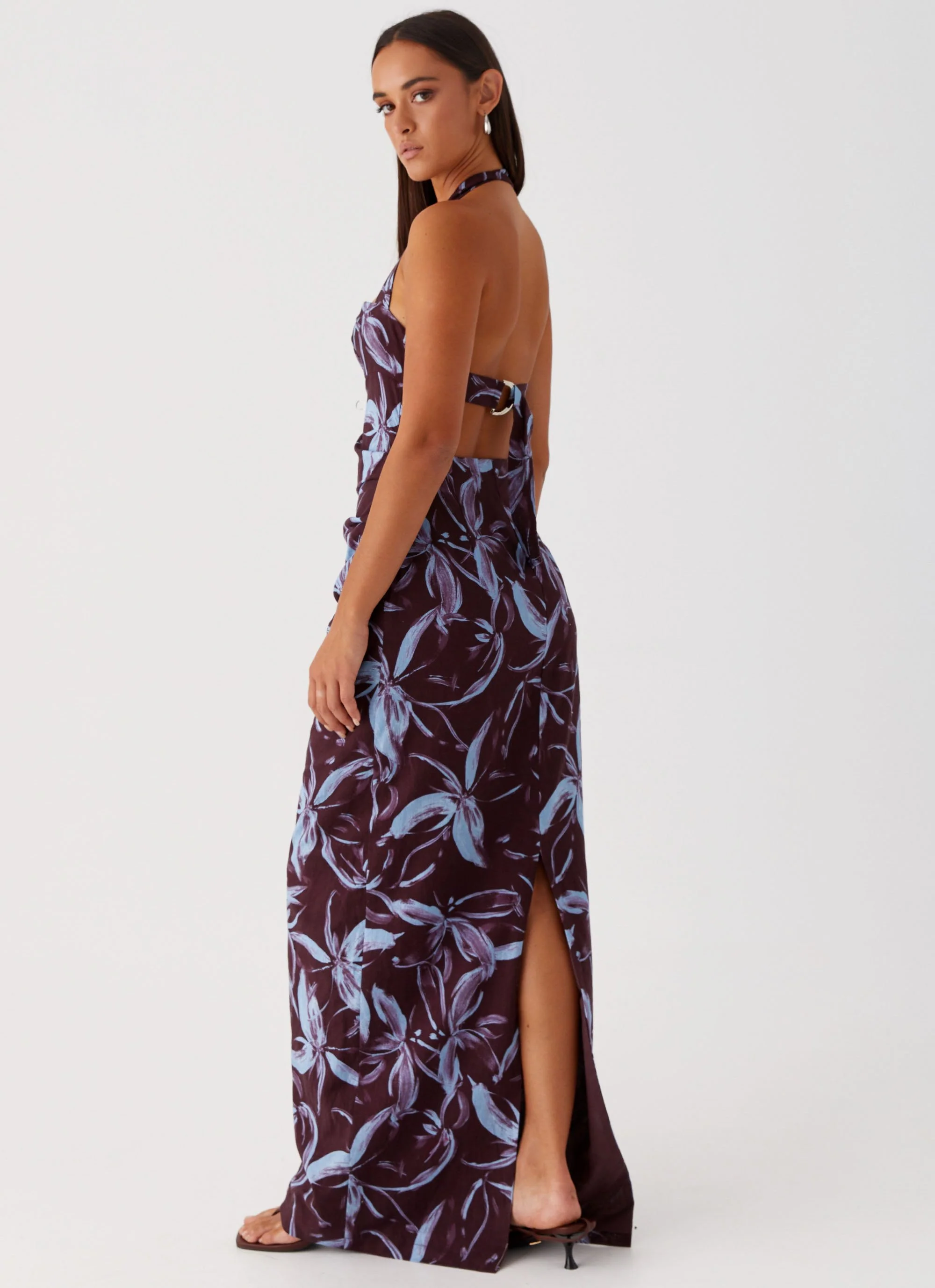 Fauna Halter Maxi Dress - Brown Purple Floral - Image 3