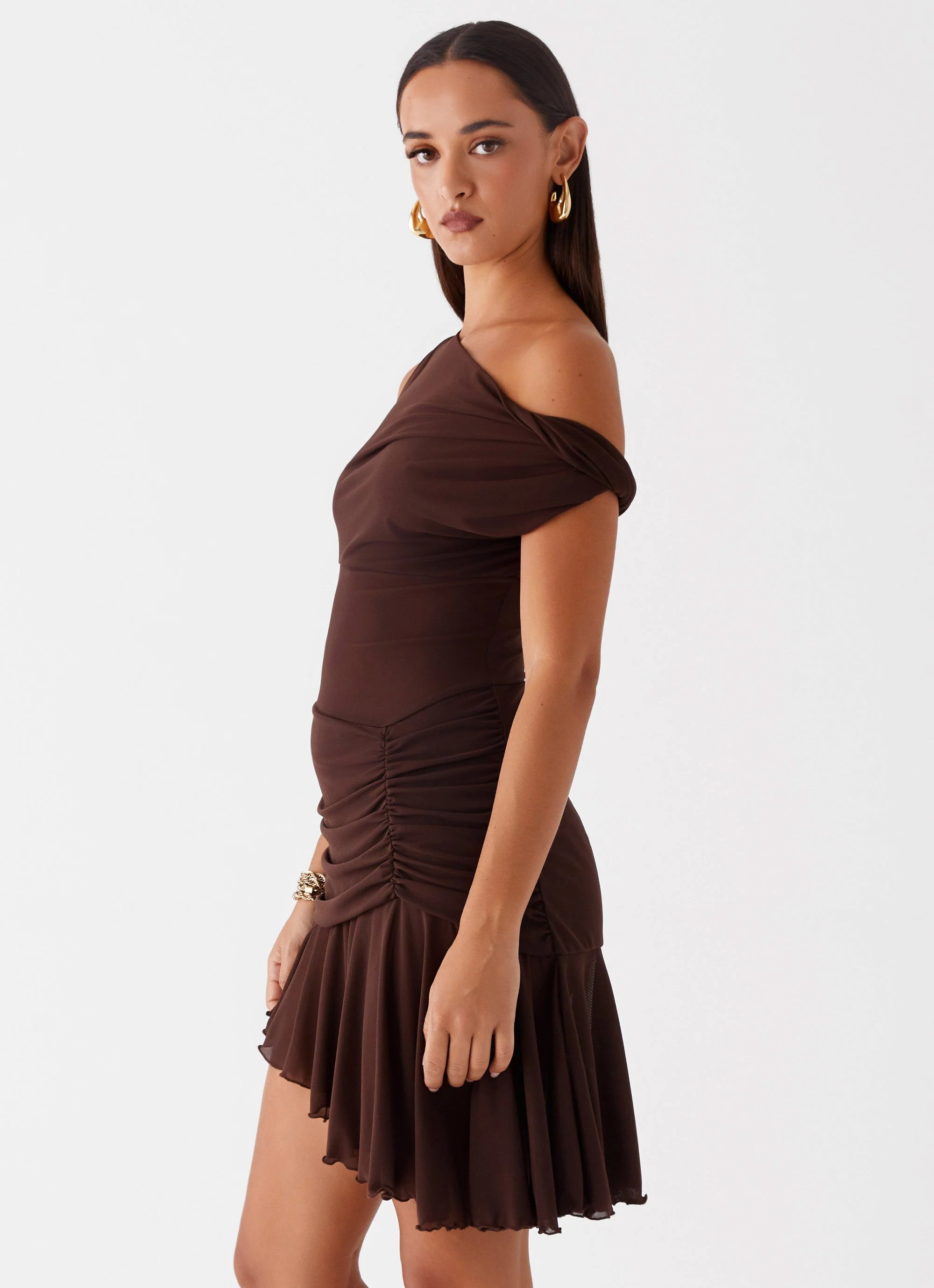 Fernleigh One Shoulder Mini Dress - Chocolate - Image 3