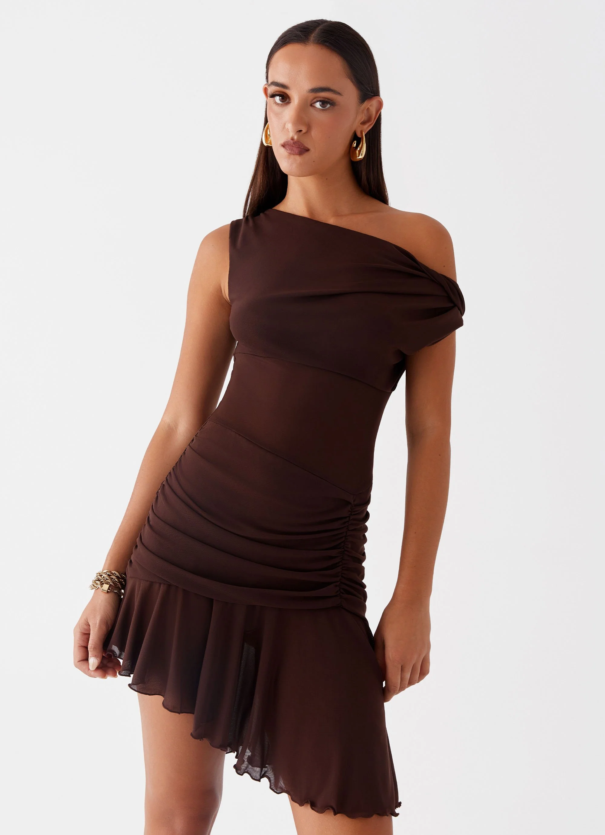 Fernleigh One Shoulder Mini Dress - Chocolate - Image 5
