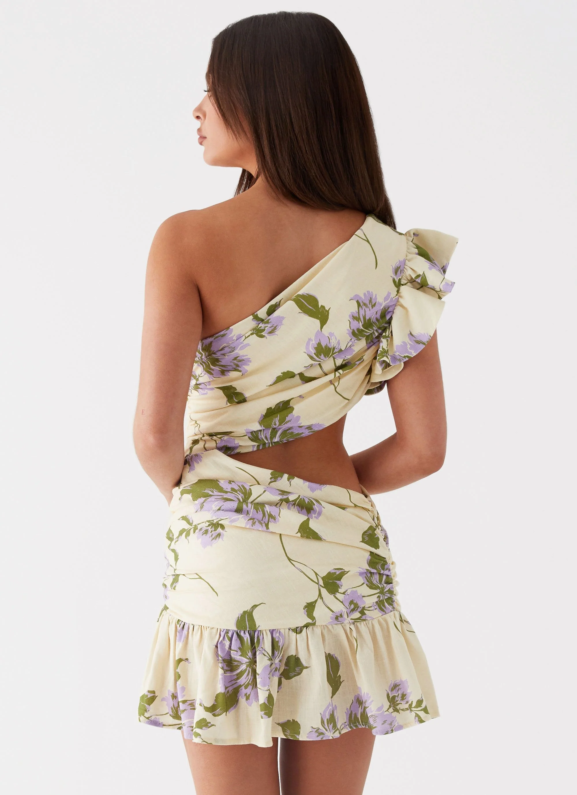 Floral Outro Linen Mini Dress - Yellow Purple Floral - Image 5