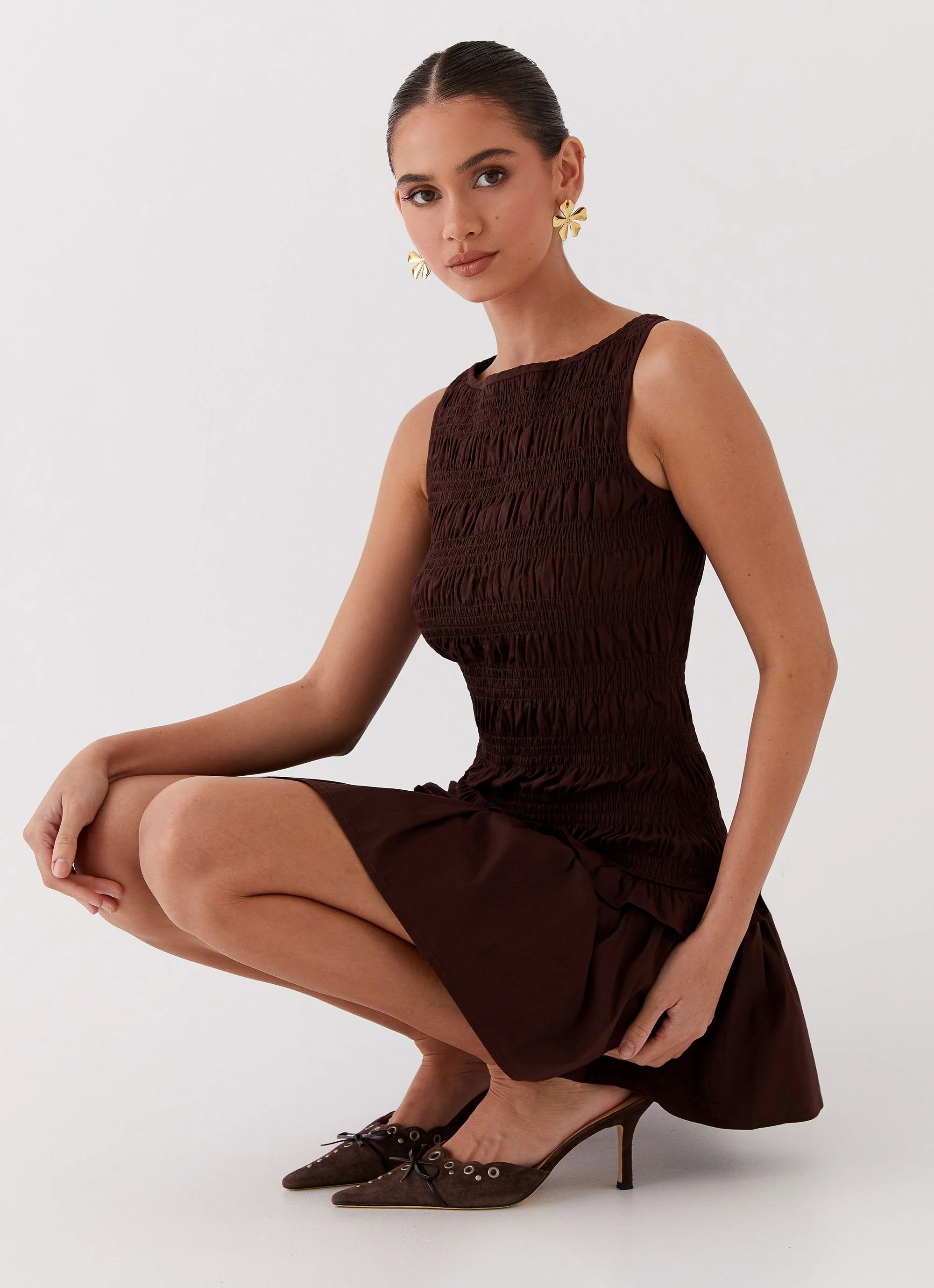 Garden Kisses Shirred Mini Dress - Chocolate - Image 3