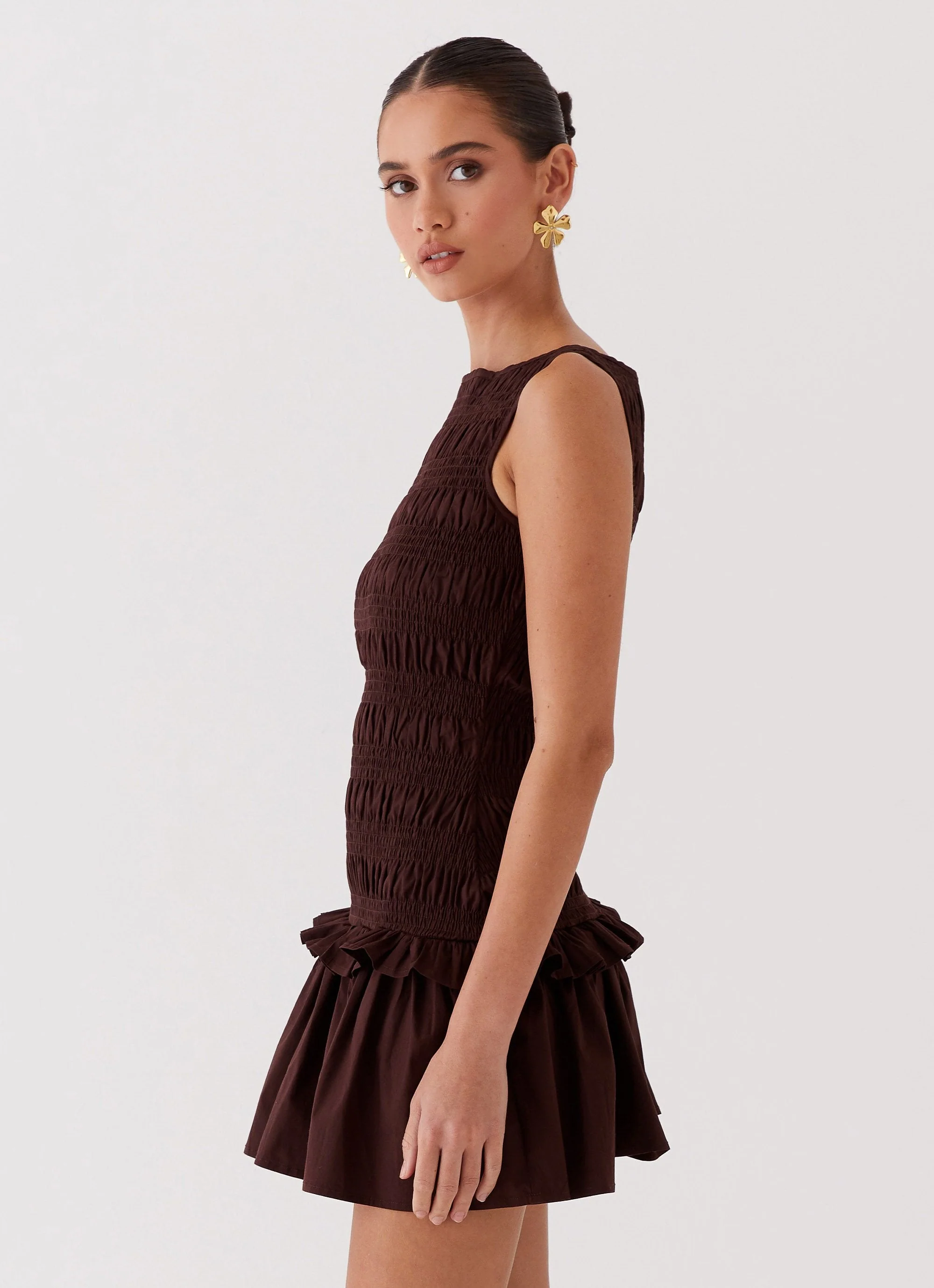 Garden Kisses Shirred Mini Dress - Chocolate - Image 4