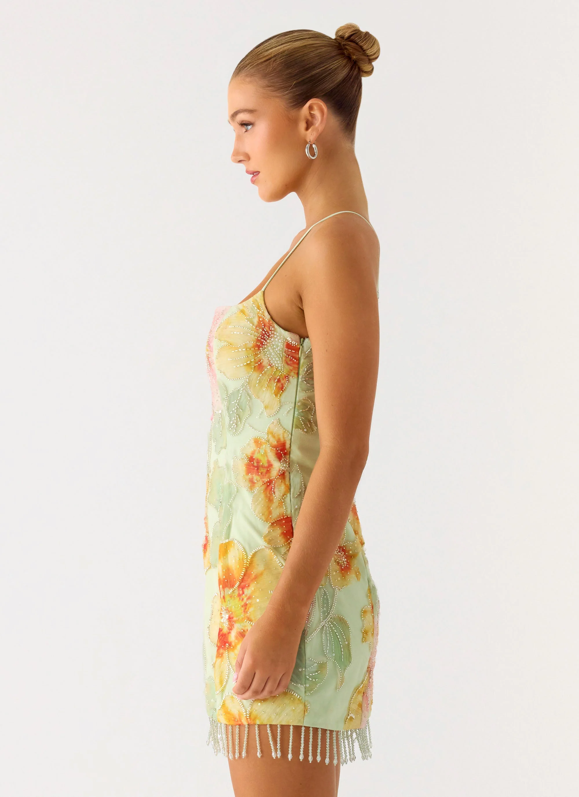 Gatiana Beaded Sequin Mini Dress - Green Floral Beaded - Image 4
