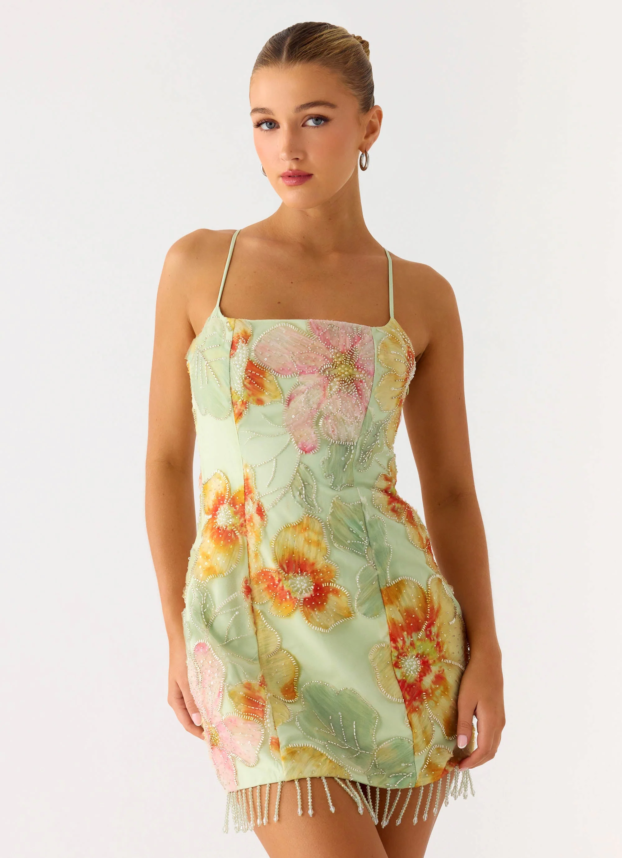 Gatiana Beaded Sequin Mini Dress - Green Floral Beaded - Image 6