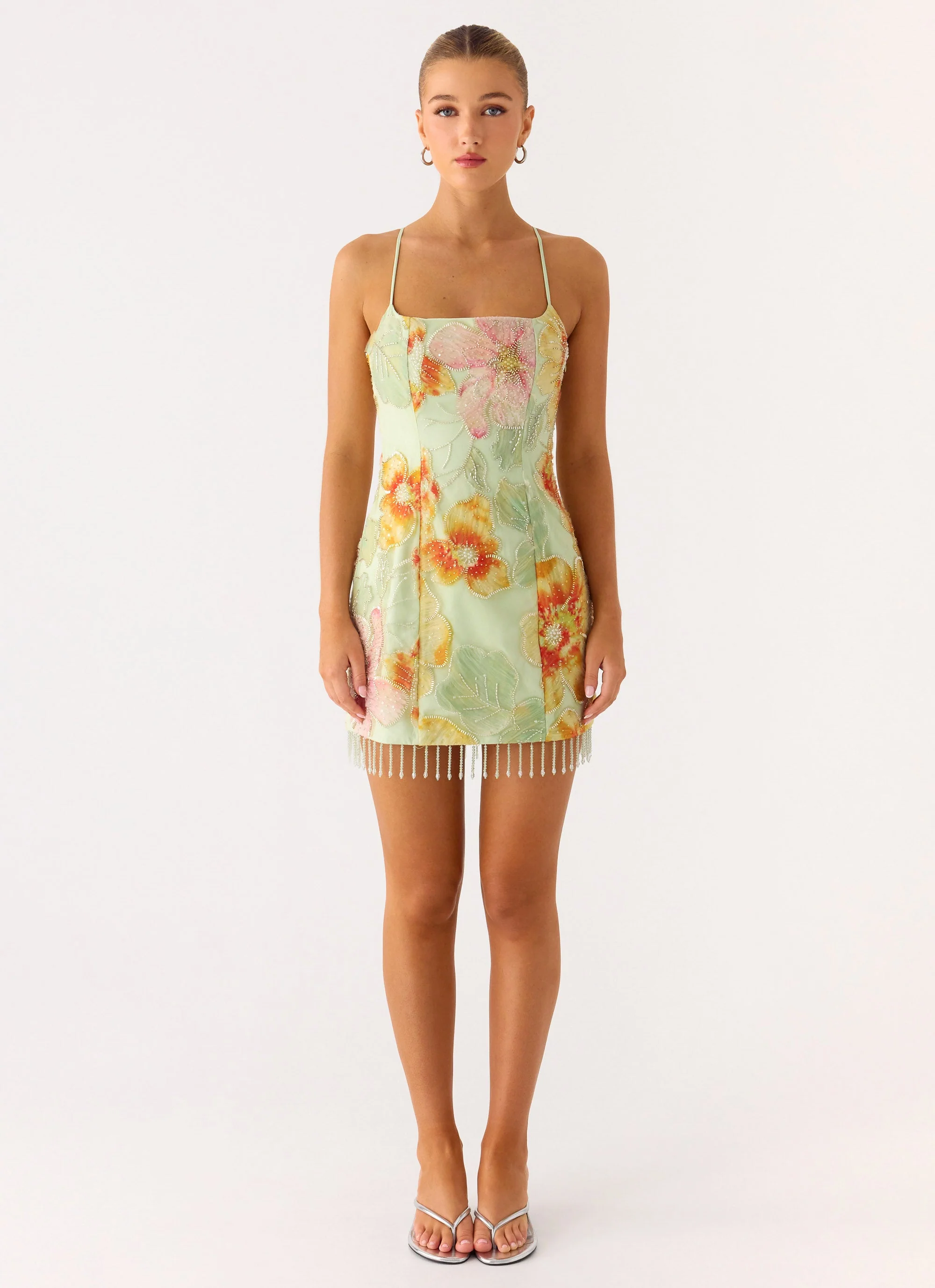 Gatiana Beaded Sequin Mini Dress - Green Floral Beaded - Image 7