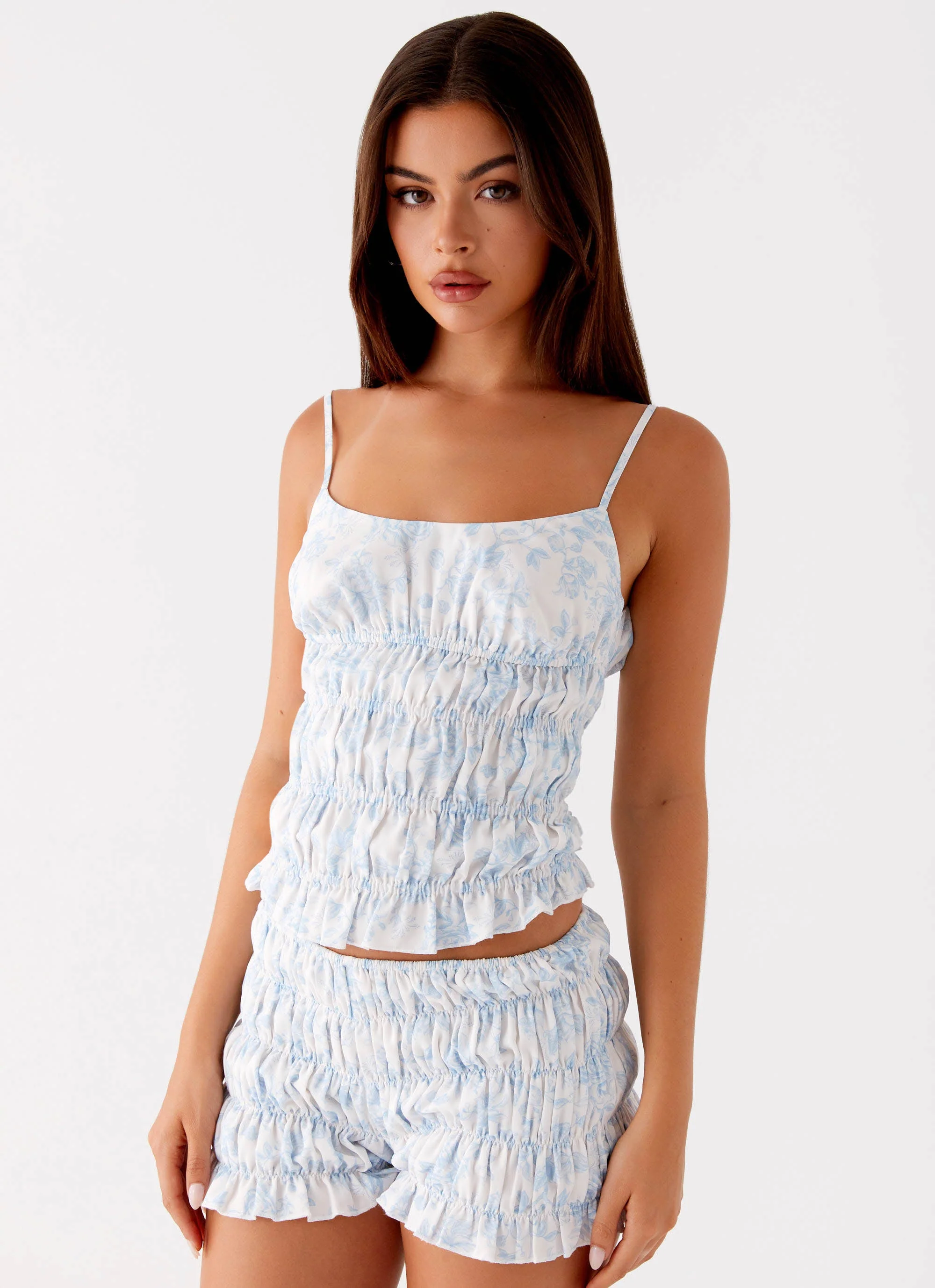 Girls Like Us Ruched Mini Shorts - Blue Floral - Image 6