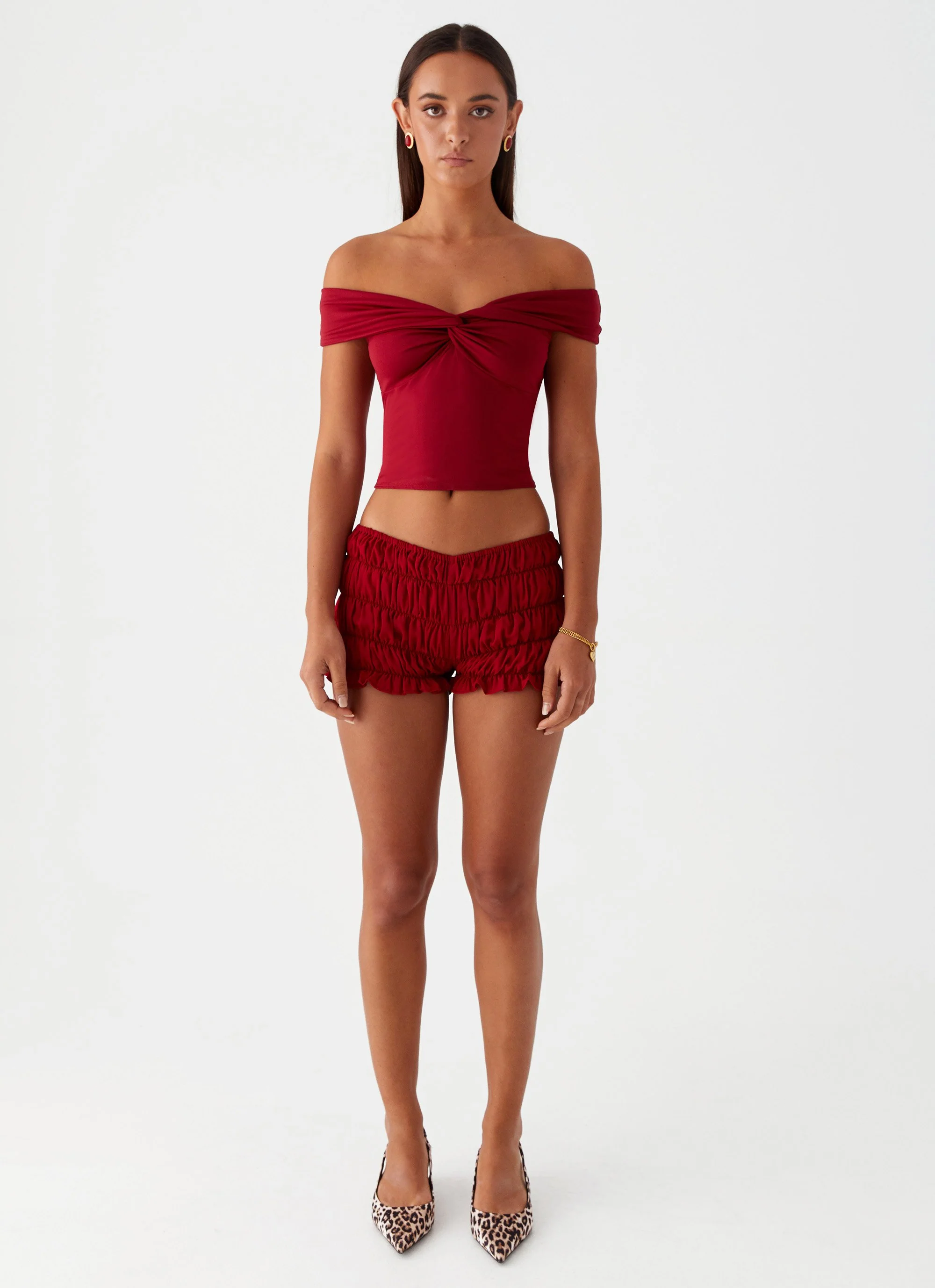 Girls Like Us Ruched Mini Shorts - Maroon - Image 2