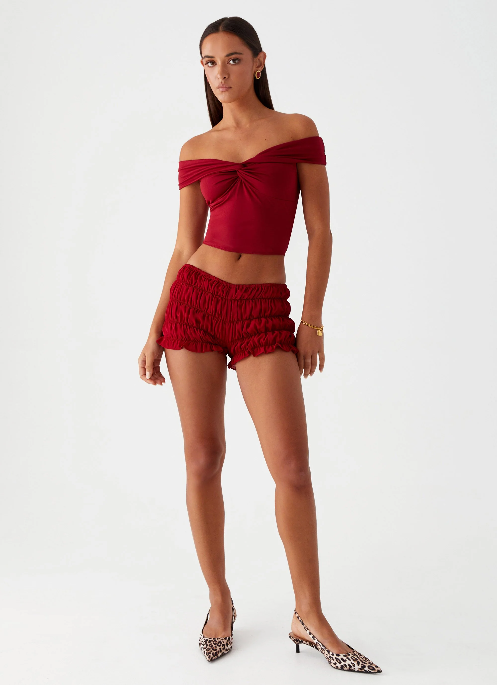 Girls Like Us Ruched Mini Shorts - Maroon - Image 6