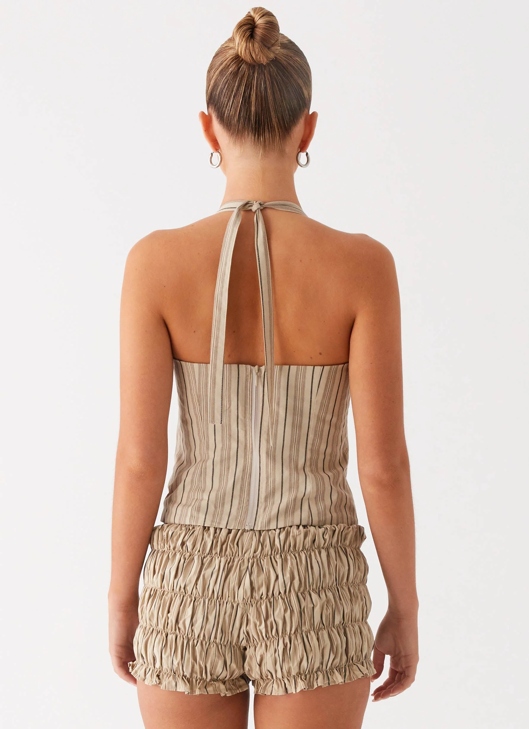 Girls Like Us Ruched Mini Shorts - Oatmeal Stripe - Image 2