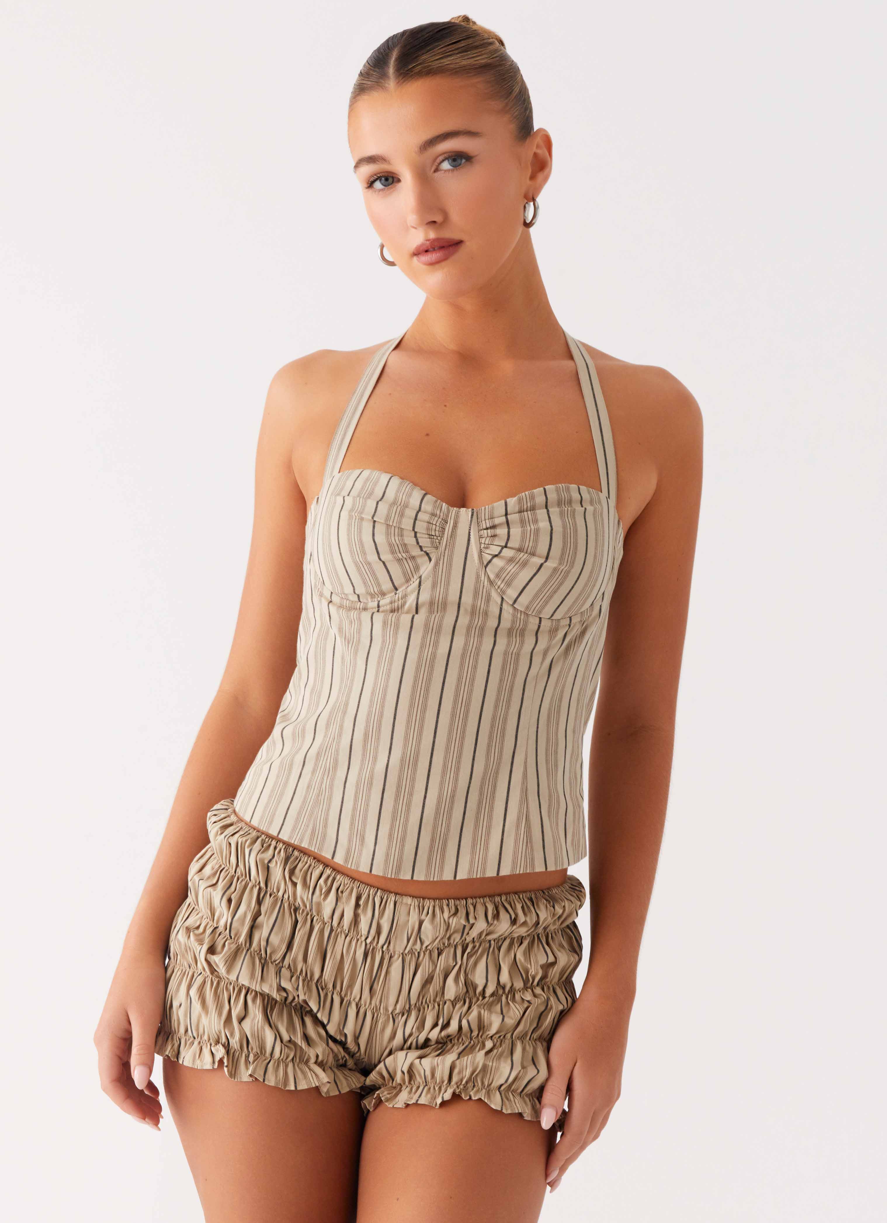 Girls Like Us Ruched Mini Shorts - Oatmeal Stripe - Image 5