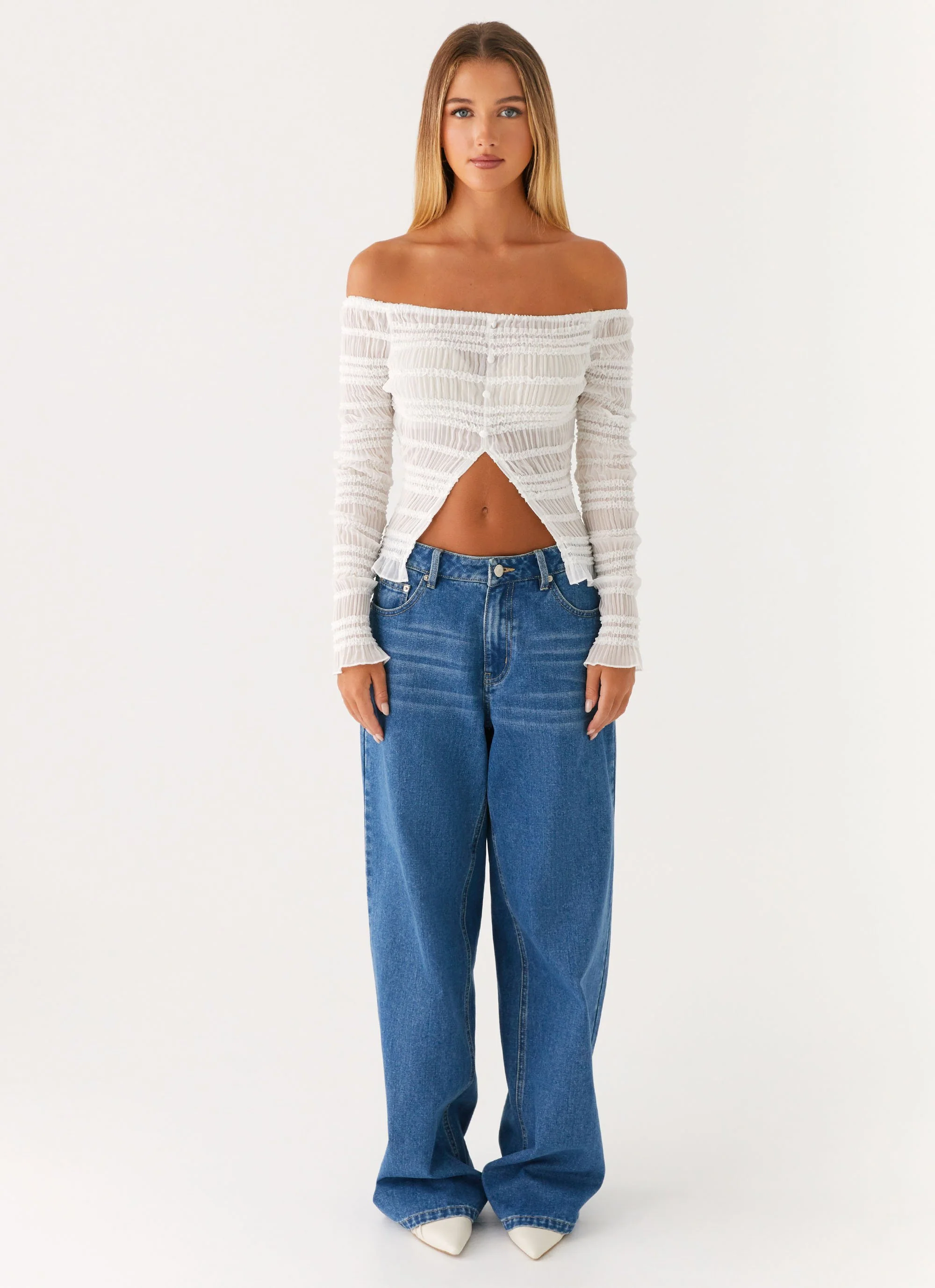 Golden One Shirred Off Shoulder Top - White - Image 2