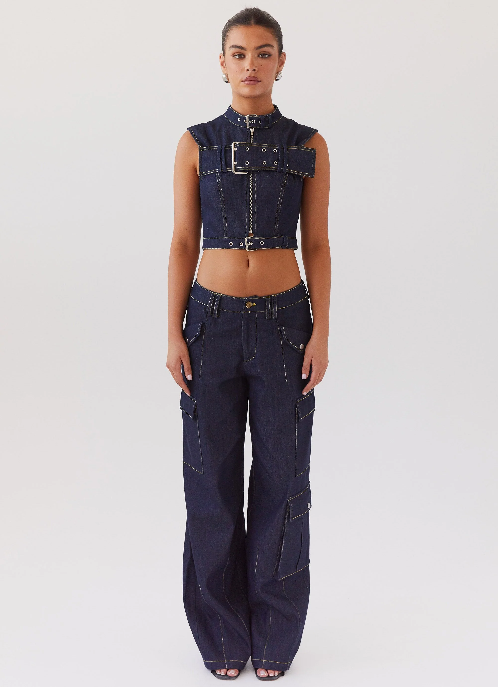 Greedy Denim Buckle Top - Indigo - Image 2