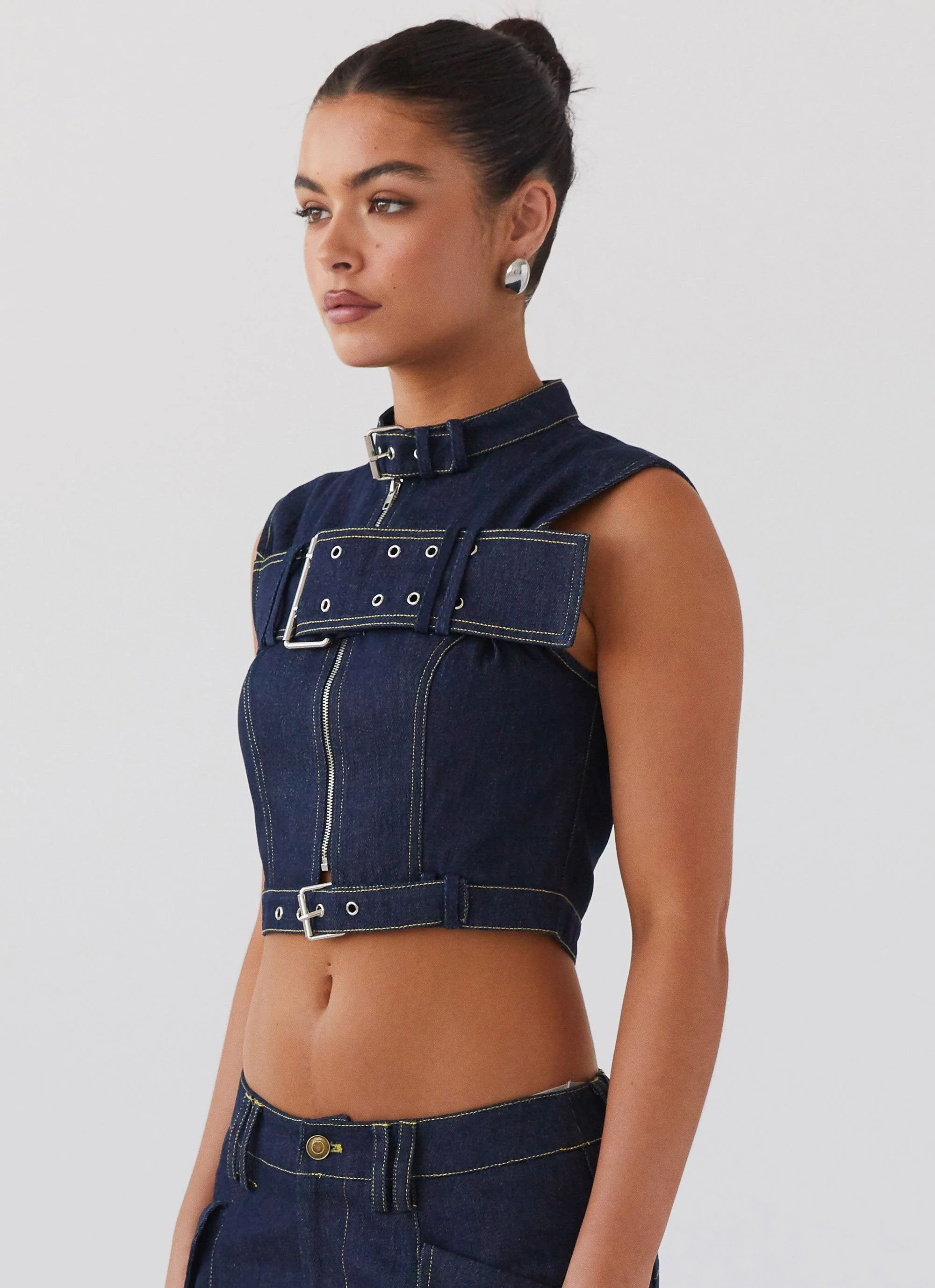 Greedy Denim Buckle Top - Indigo - Image 3