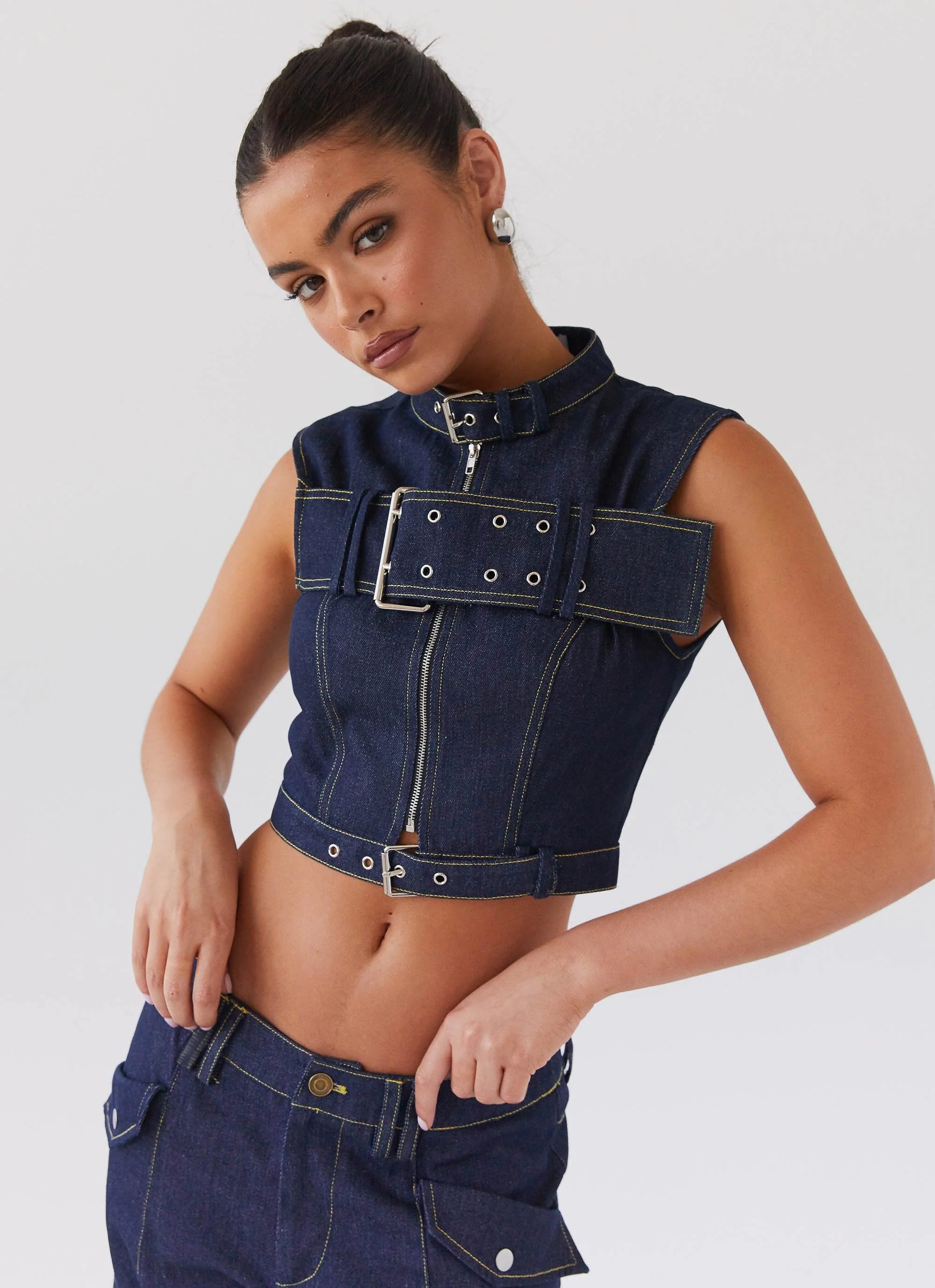 Greedy Denim Buckle Top - Indigo - Image 5
