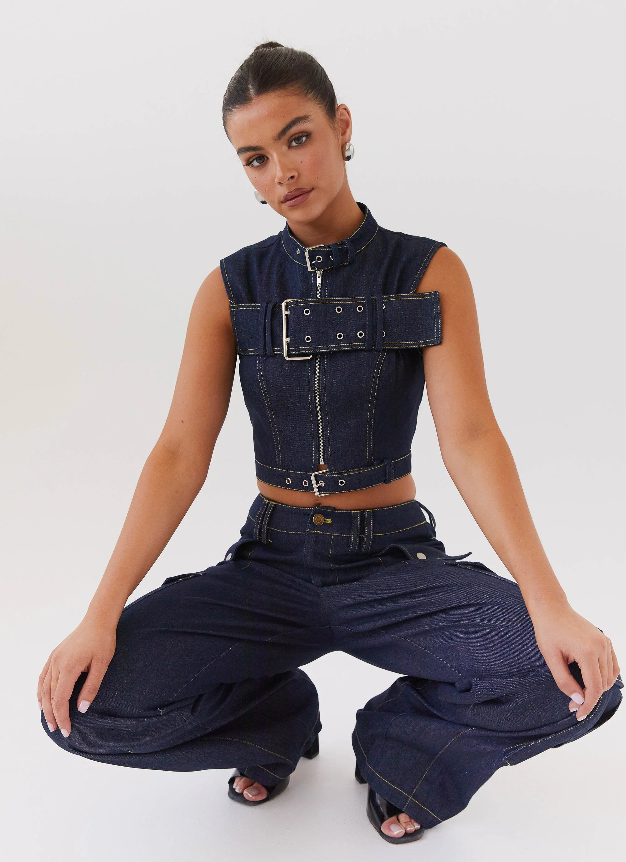 Greedy Denim Buckle Top - Indigo - Image 6