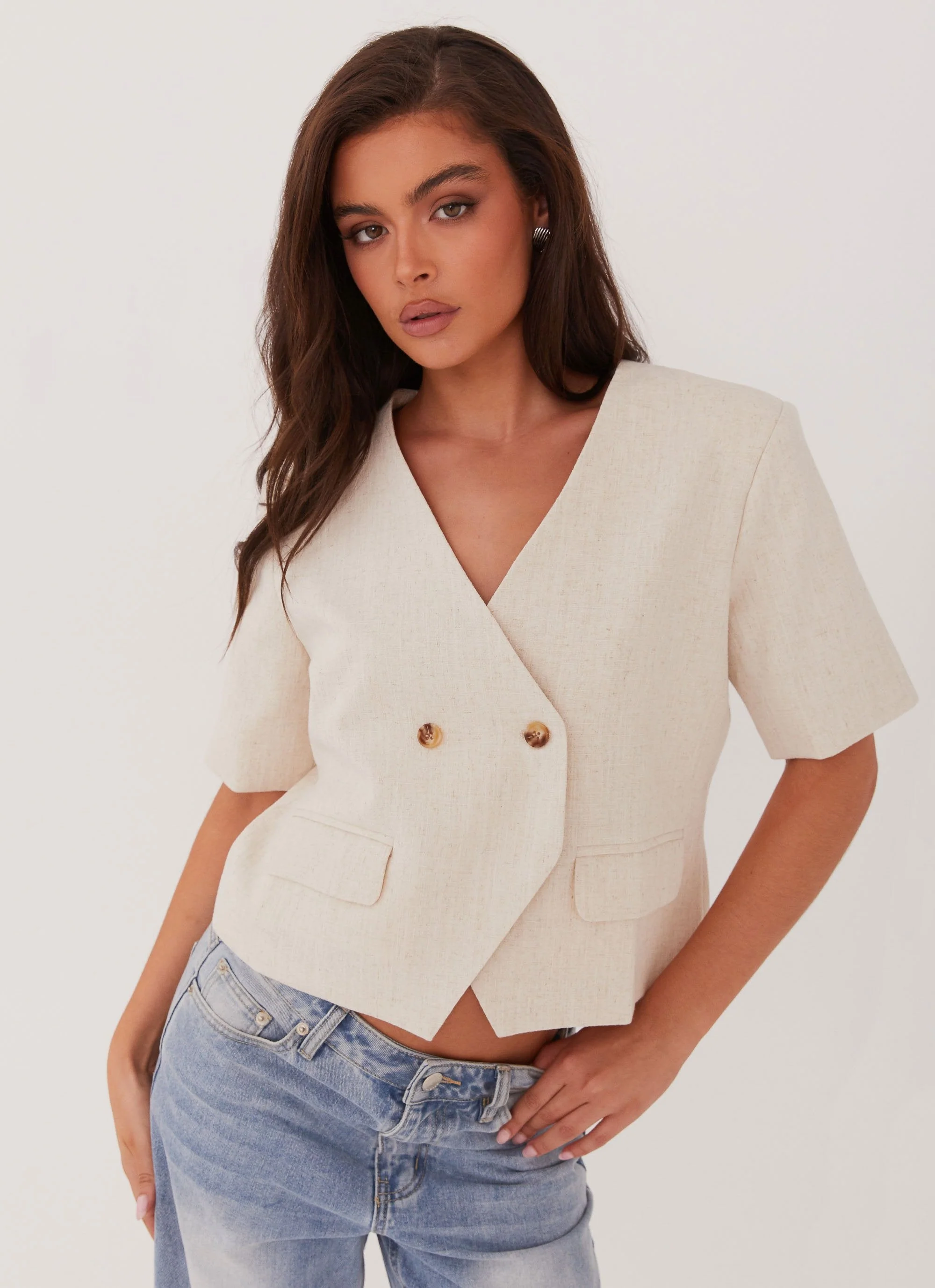 Hacienda Linen Short Sleeve Blazer - Oatmeal - Image 5