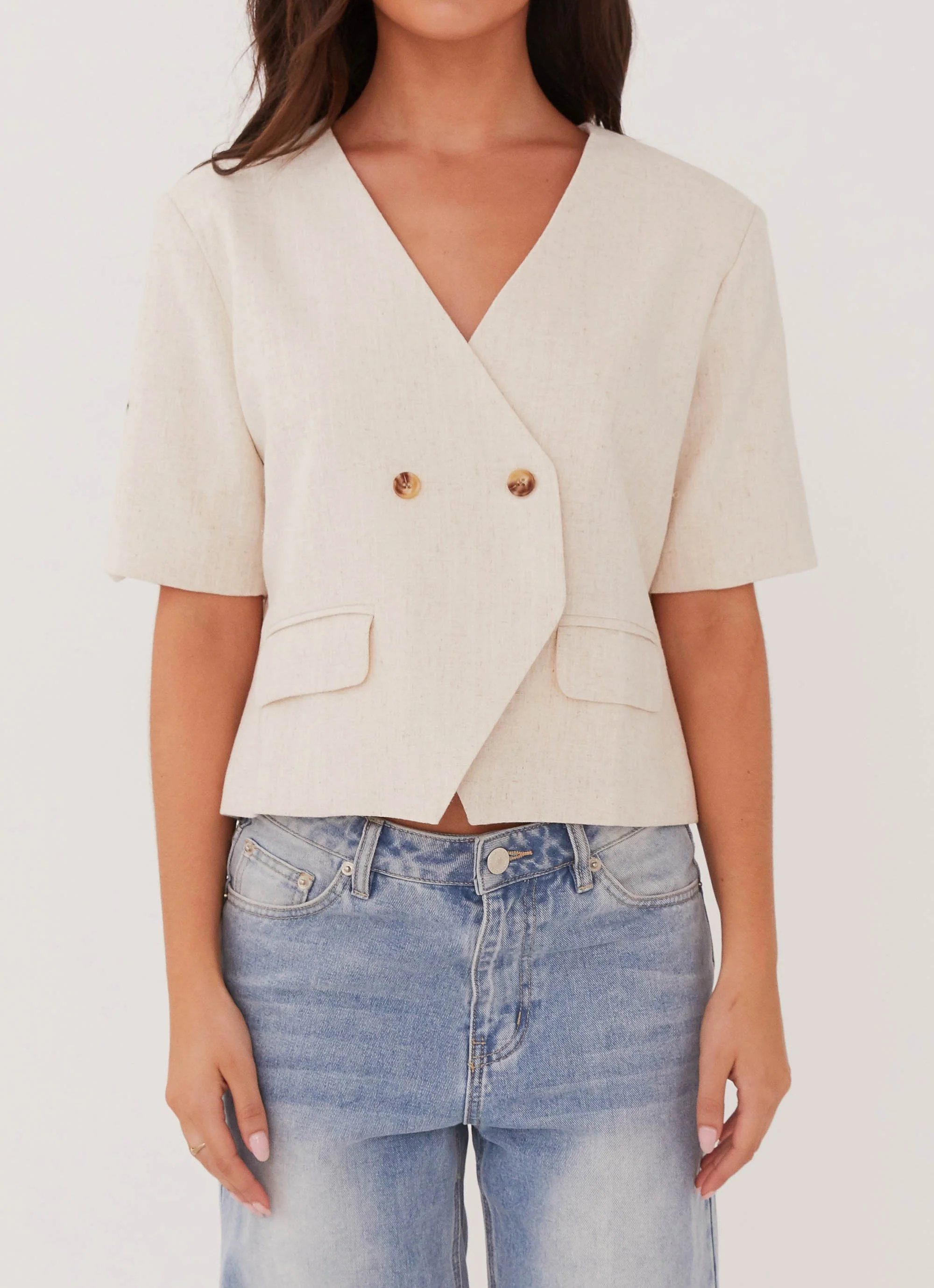 Hacienda Linen Short Sleeve Blazer - Oatmeal - Image 6