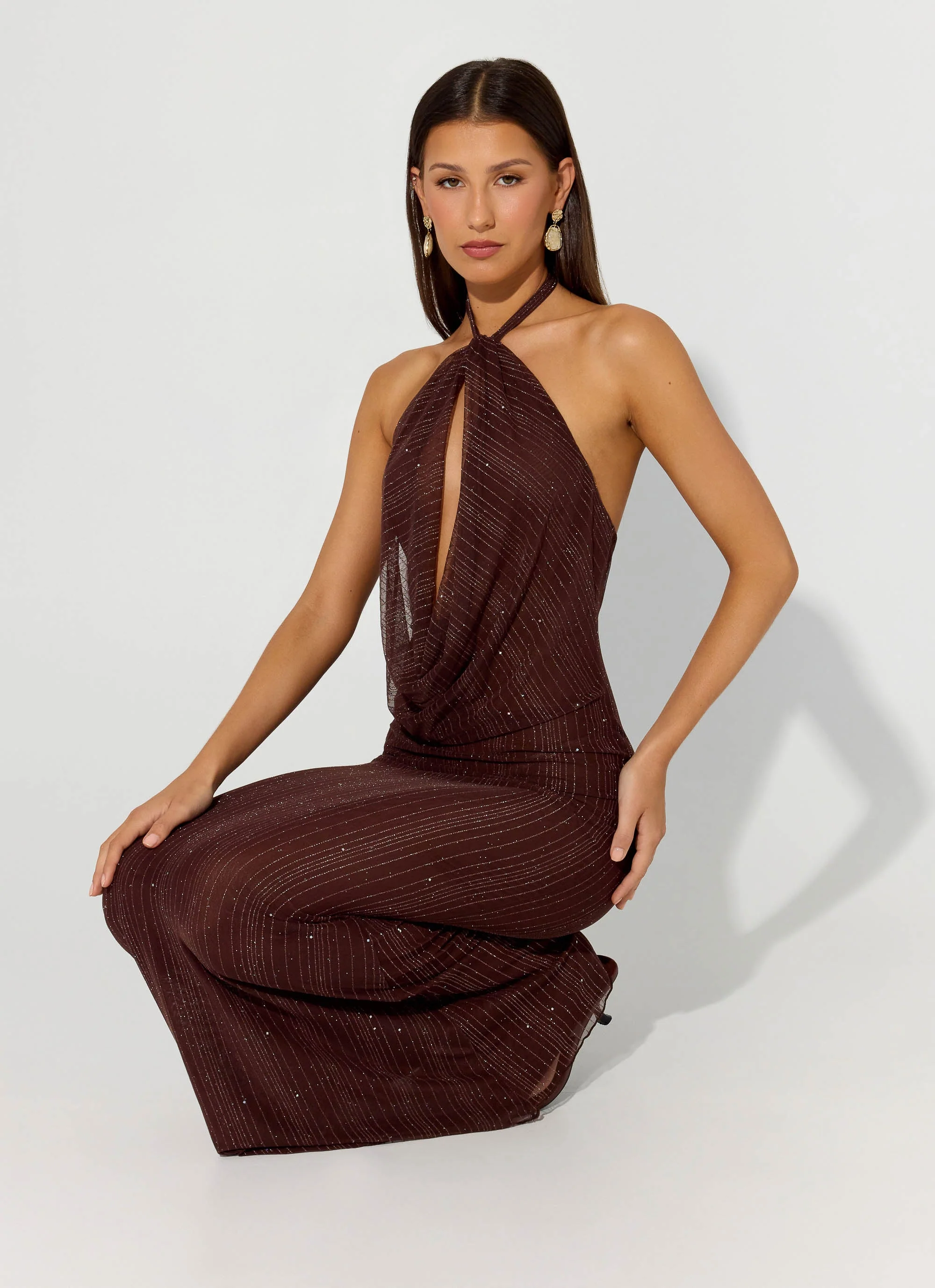 Haylan Sparkle Mesh Maxi Dress - Chocolate - Image 6