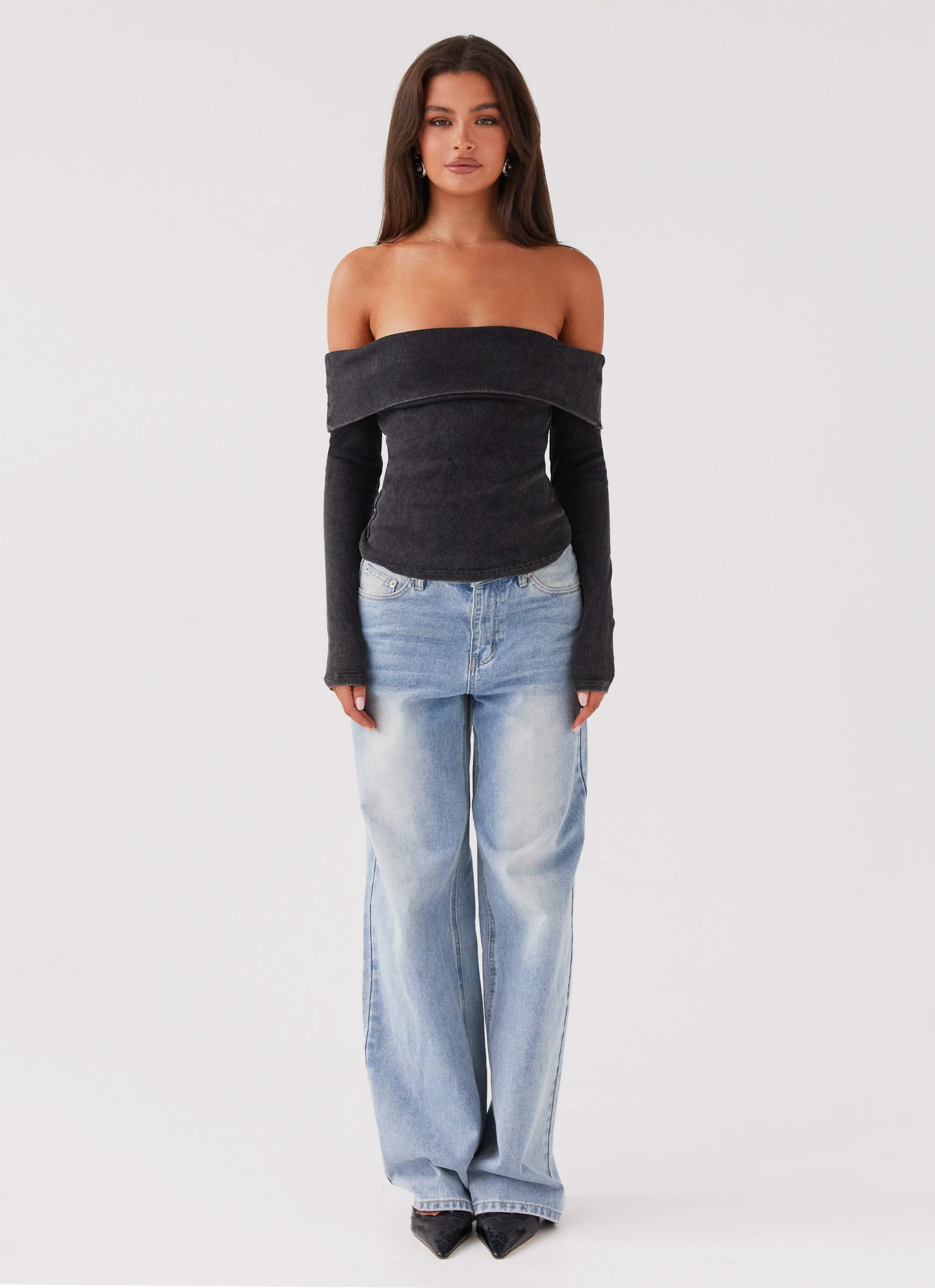 Hayley Long Sleeve Ribbed Top - Charcoal Acid Wash - Image 4