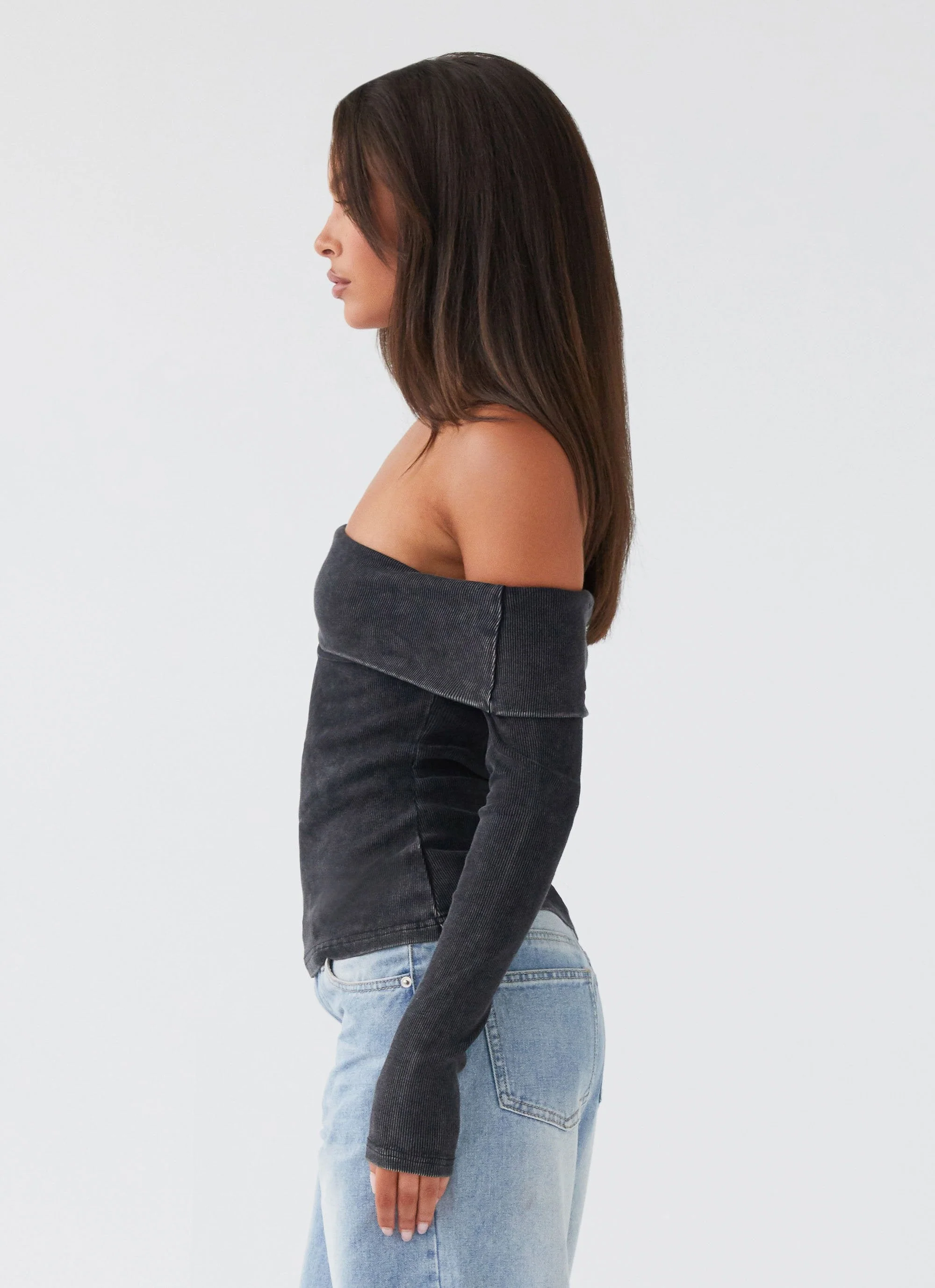 Hayley Long Sleeve Ribbed Top - Charcoal Acid Wash - Image 5