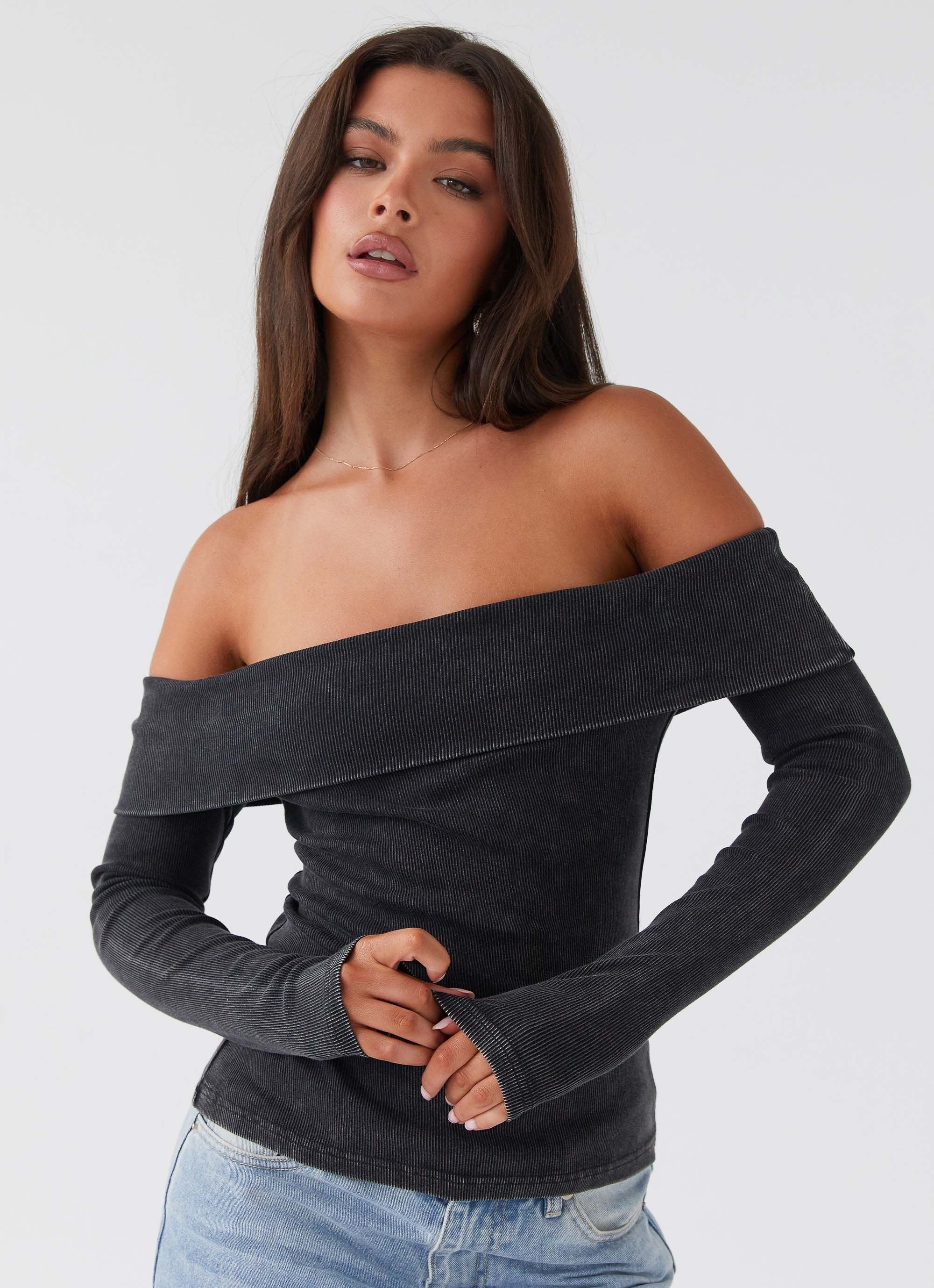 Hayley Long Sleeve Ribbed Top - Charcoal Acid Wash - Image 7