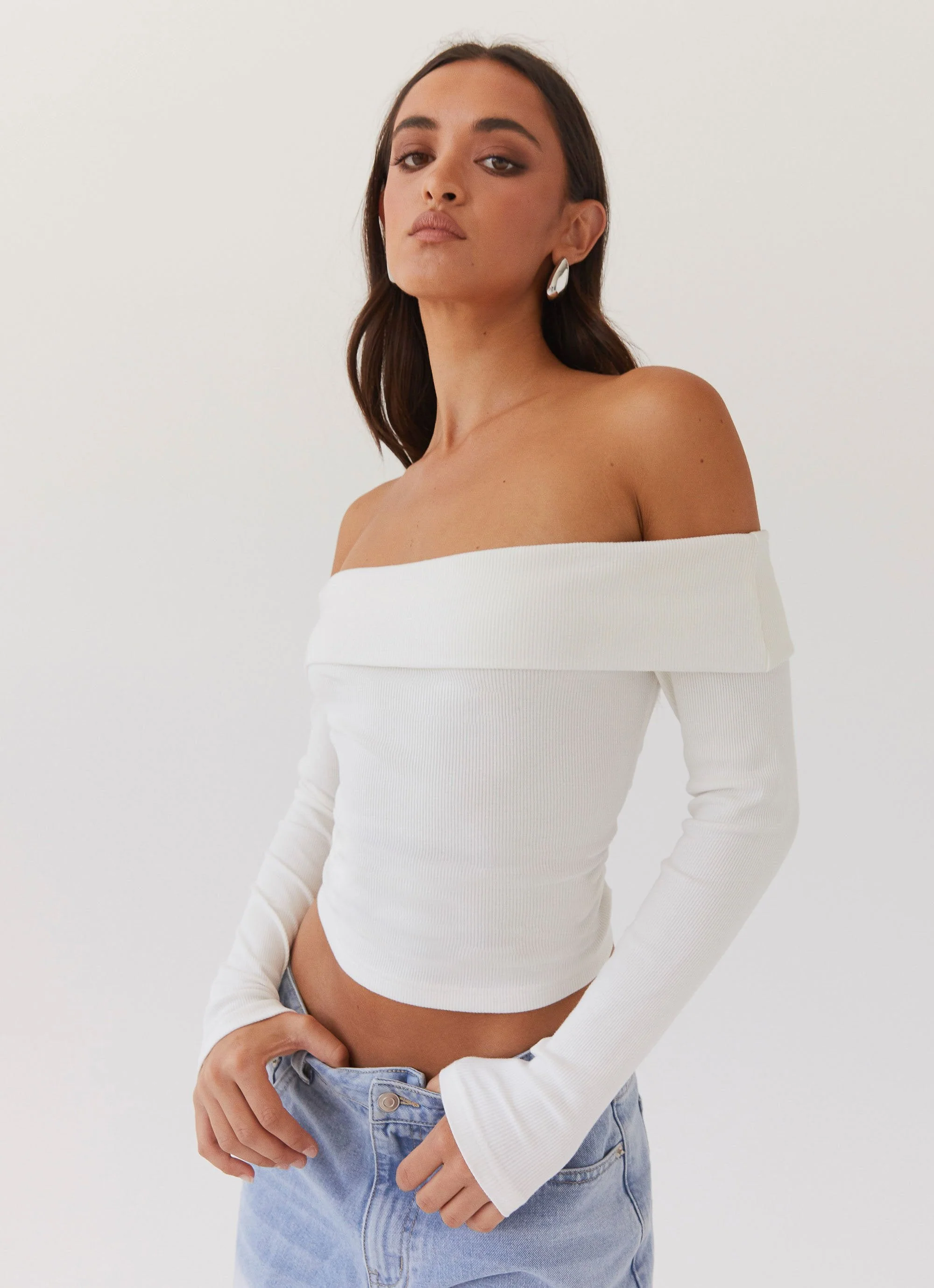Hayley Long Sleeve Ribbed Top - White - Image 5