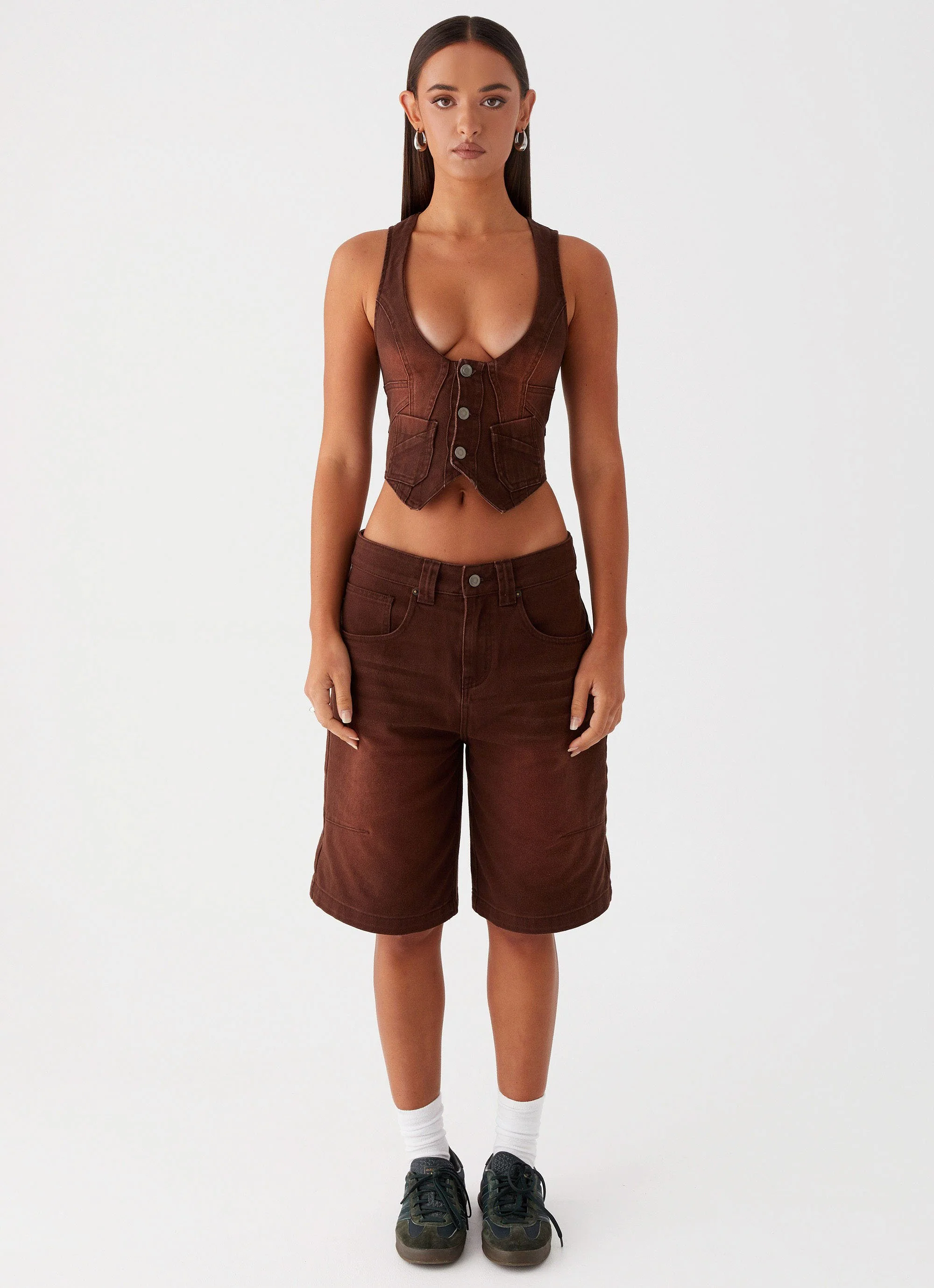 Heading South Denim Jorts - Brown - Image 2
