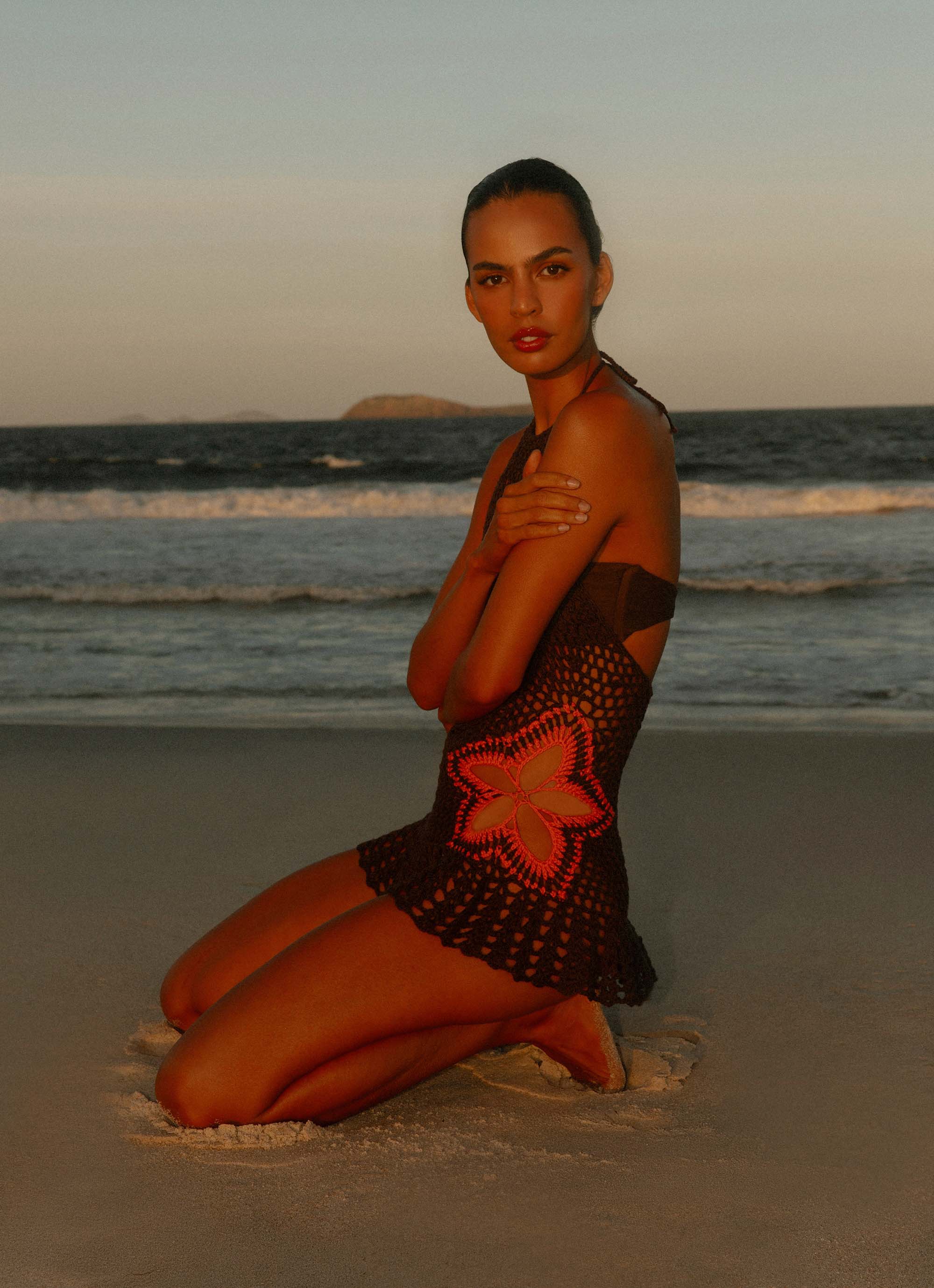 Henley Crochet Mini Dress - Chocolate - Image 2