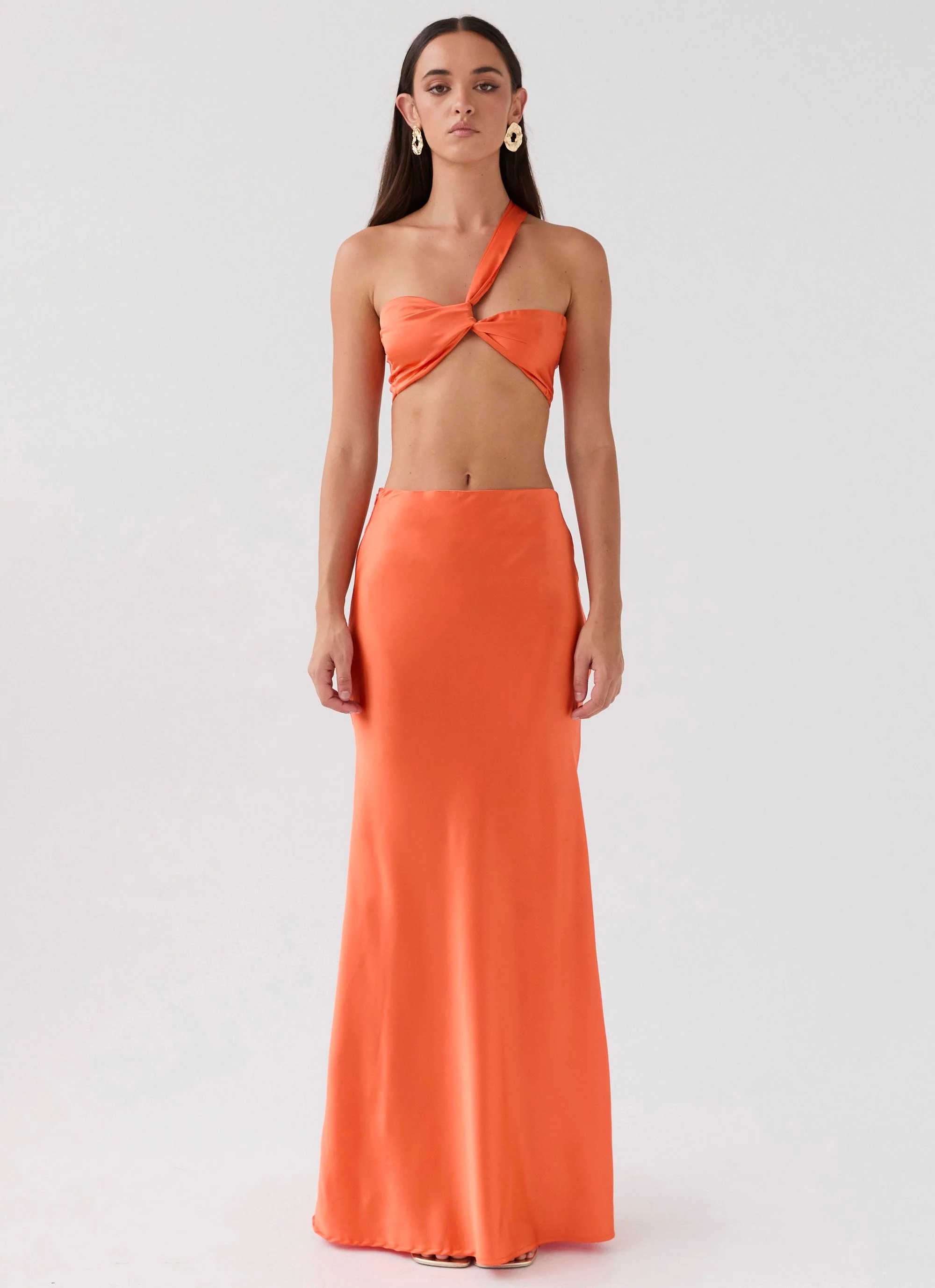 Hidden Oasis Satin Maxi Skirt - Tangerine - Image 4