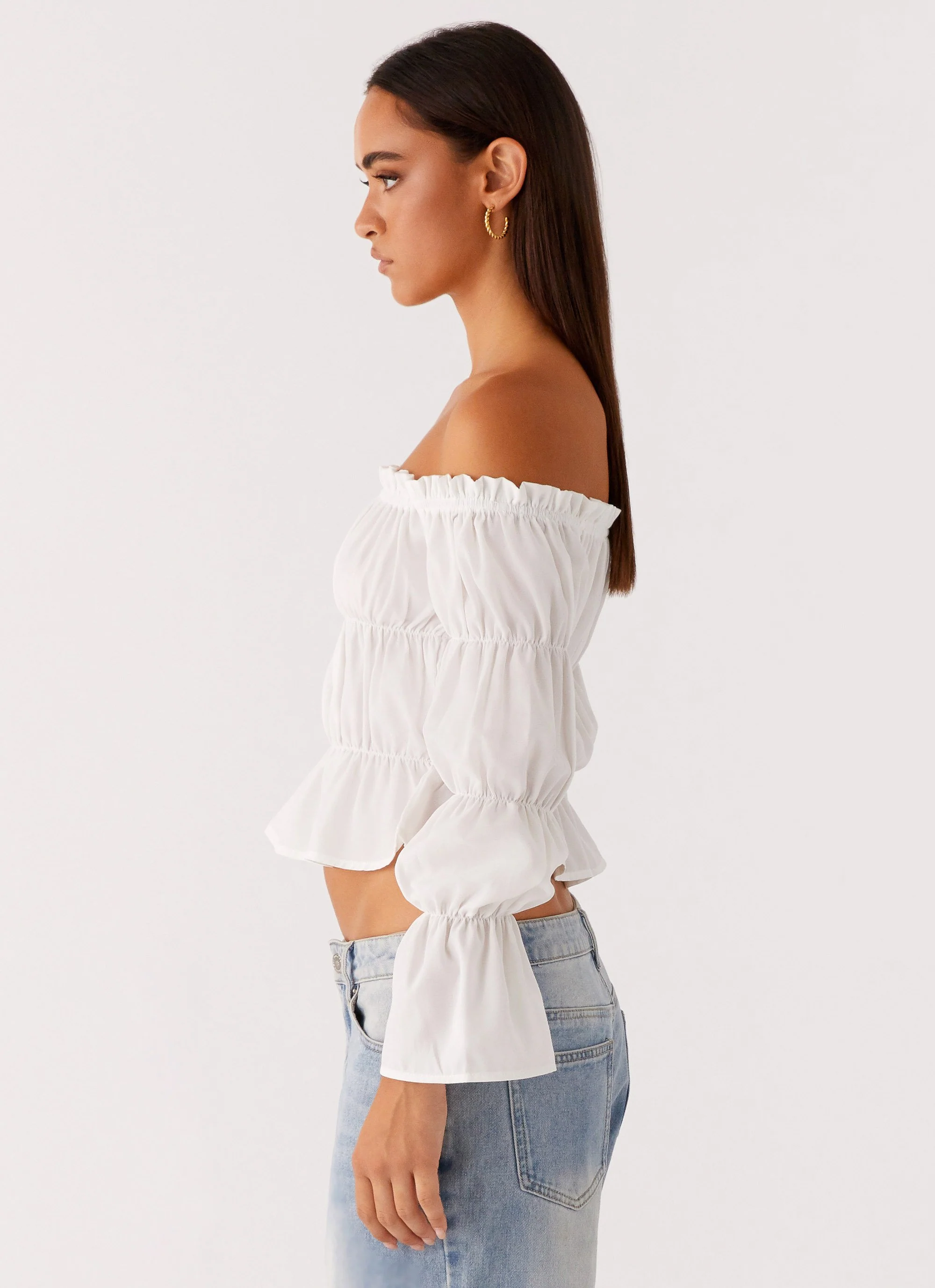 Imara Ruched Long Sleeve Top - Ivory - Image 3