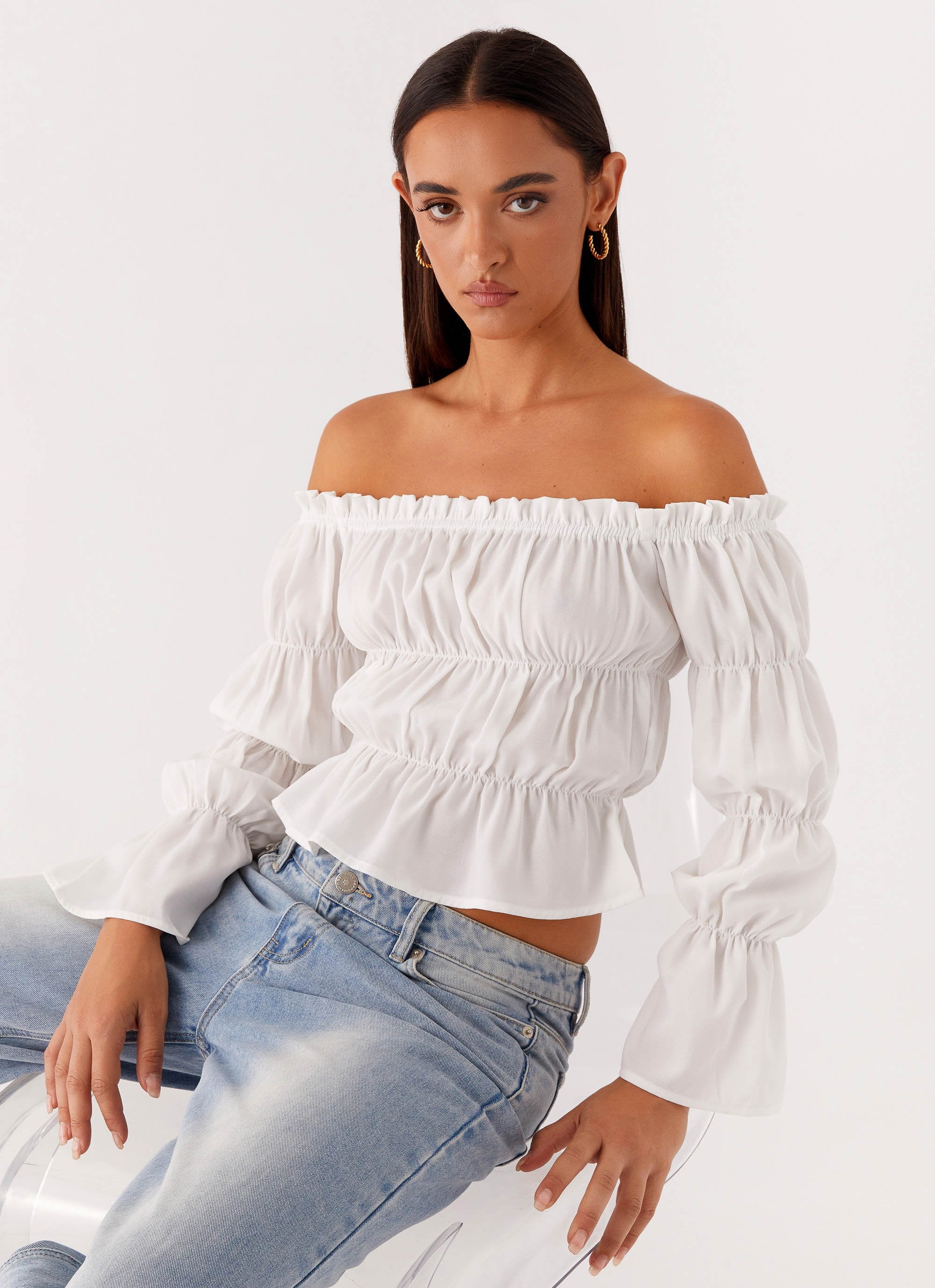 Imara Ruched Long Sleeve Top - Ivory - Image 5