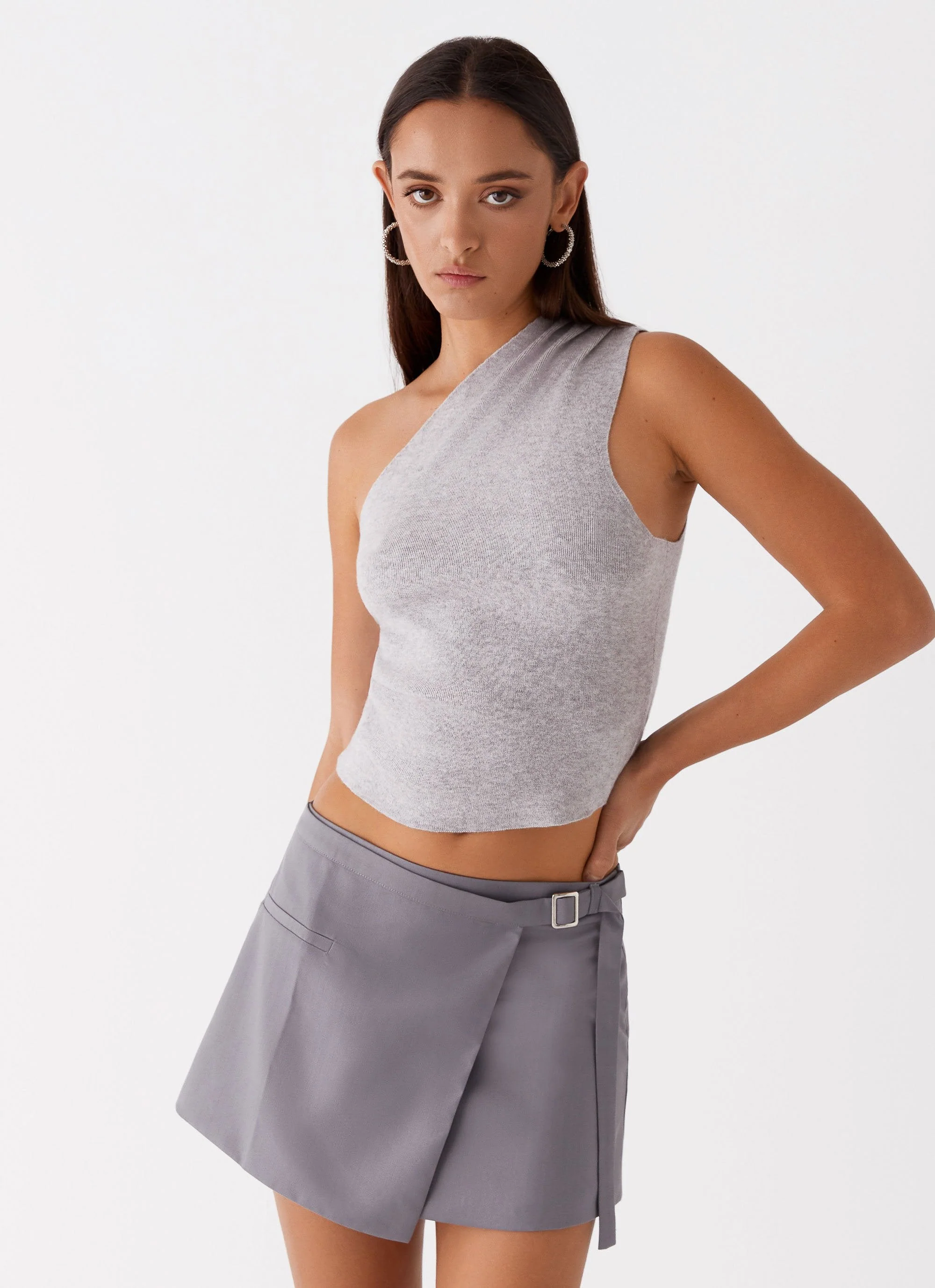 Indy One Shoulder Knit Top - Grey - Image 6